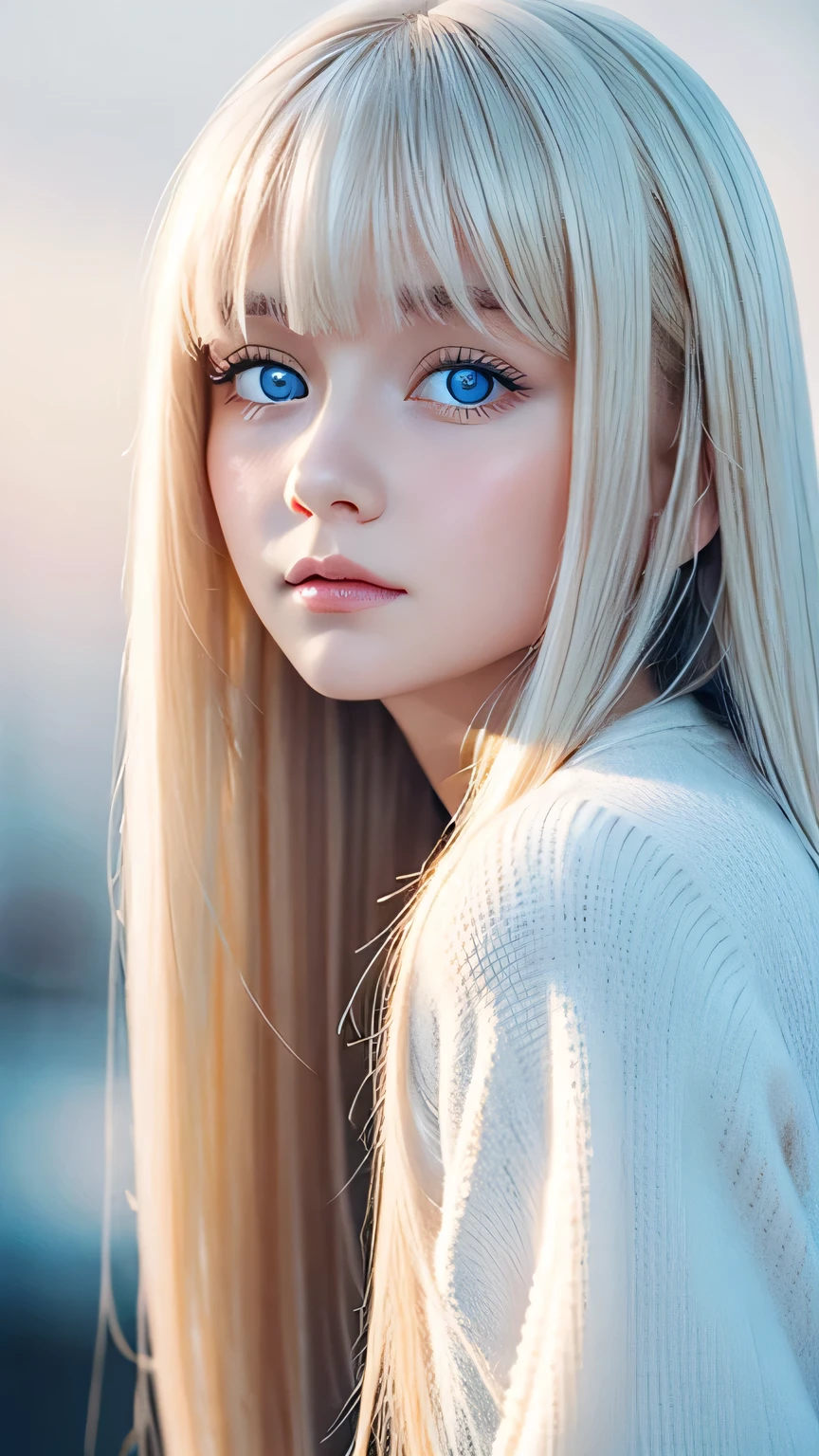  cute very beautiful first time with super long straight platinum blonde hair, the most beautiful in the world々 analog style portrait of a young woman with a pretty young face 、 The bangs between the eyes hang down to the tip of the nose 、Beautiful Extraordinary Beautiful Girl , Shining big, very bright and vivid light blue eyes 、Big Eyes、snow white skin、Glowing Skin、Small Face Beauty、round face、Bangs between the eyes、