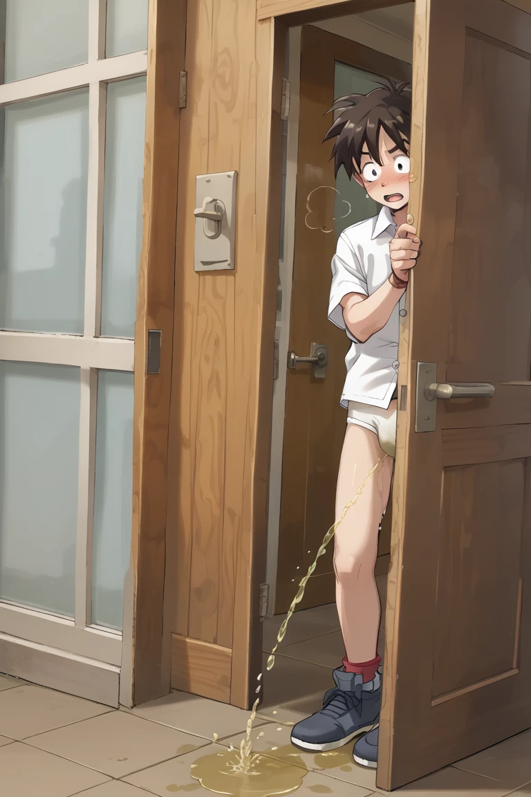 In front of door, 20 years old, Yuji itadori, young slender and mascular man in his tighty whities. White briefs. Classic briefs. Six pack muscle, he is peeing himself. There's a large pee wet spot on the area of his crotch. Pee stain on his crotch. he is ashamed of himself. He is perplexed by the situation 