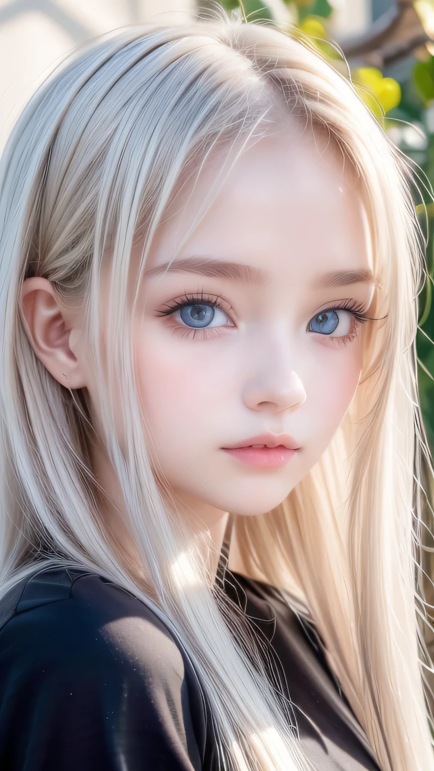 cute very beautiful first time with super long straight platinum blonde hair, the most beautiful in the world々 analog style portrait of a young woman with a pretty young face 、 The bangs between the eyes hang down to the tip of the nose 、Beautiful Extraordinary Beautiful Girl , Shining big, very bright and vivid light blue eyes 、Big Eyes、snow white skin、Glowing Skin、Small Face Beauty、round face、Bangs between the eyes、