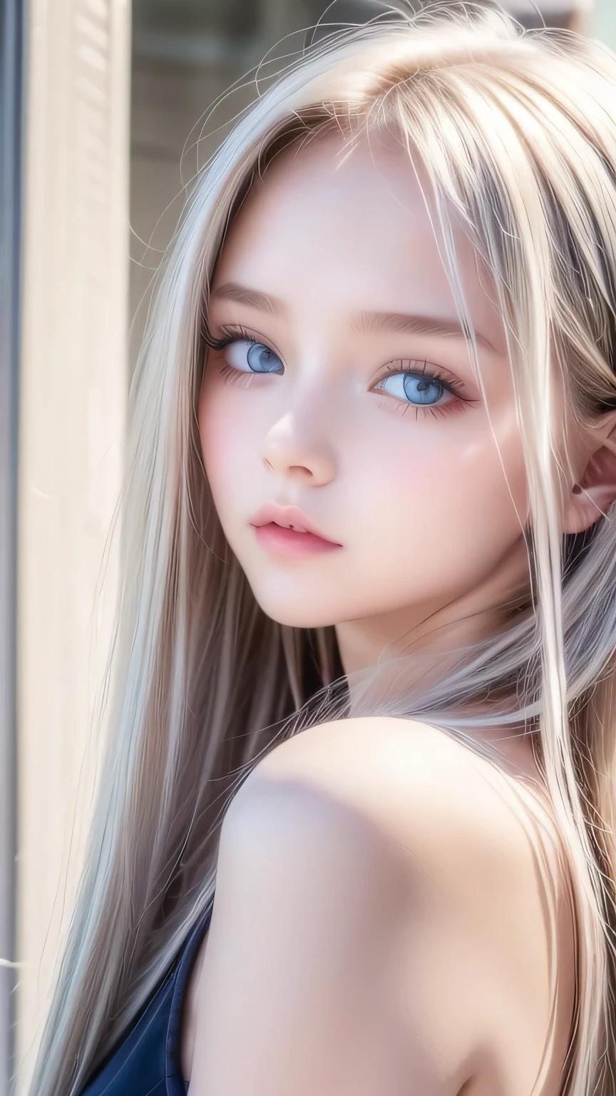cute very beautiful first time with super long straight platinum blonde hair, the most beautiful in the world々 analog style portrait of a young woman with a pretty young face 、 The bangs between the eyes hang down to the tip of the nose 、Beautiful Extraordinary Beautiful Girl , Shining big, very bright and vivid light blue eyes 、Big Eyes、snow white skin、Glowing Skin、Small Face Beauty、round face、Bangs between the eyes、