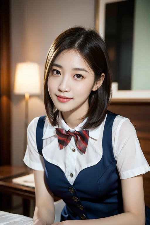 (a cute girl with short bob hair or ponytail, wearing a university student uniform, relaxing in romantic studio, hands on hip, wearing fishnet tights and loafers, with white shirt and a pleated skirt, kind smile, beautiful detailed eyes, beautiful detailed face, long eyelashes, beautiful detailed lips, dimpled cheeks, ample bosom, masterpiece, photo-realistic, ultra-detailed, 8k, high resolution portrait illustration, natural colors, bokeh night, simple red background, SFW, )