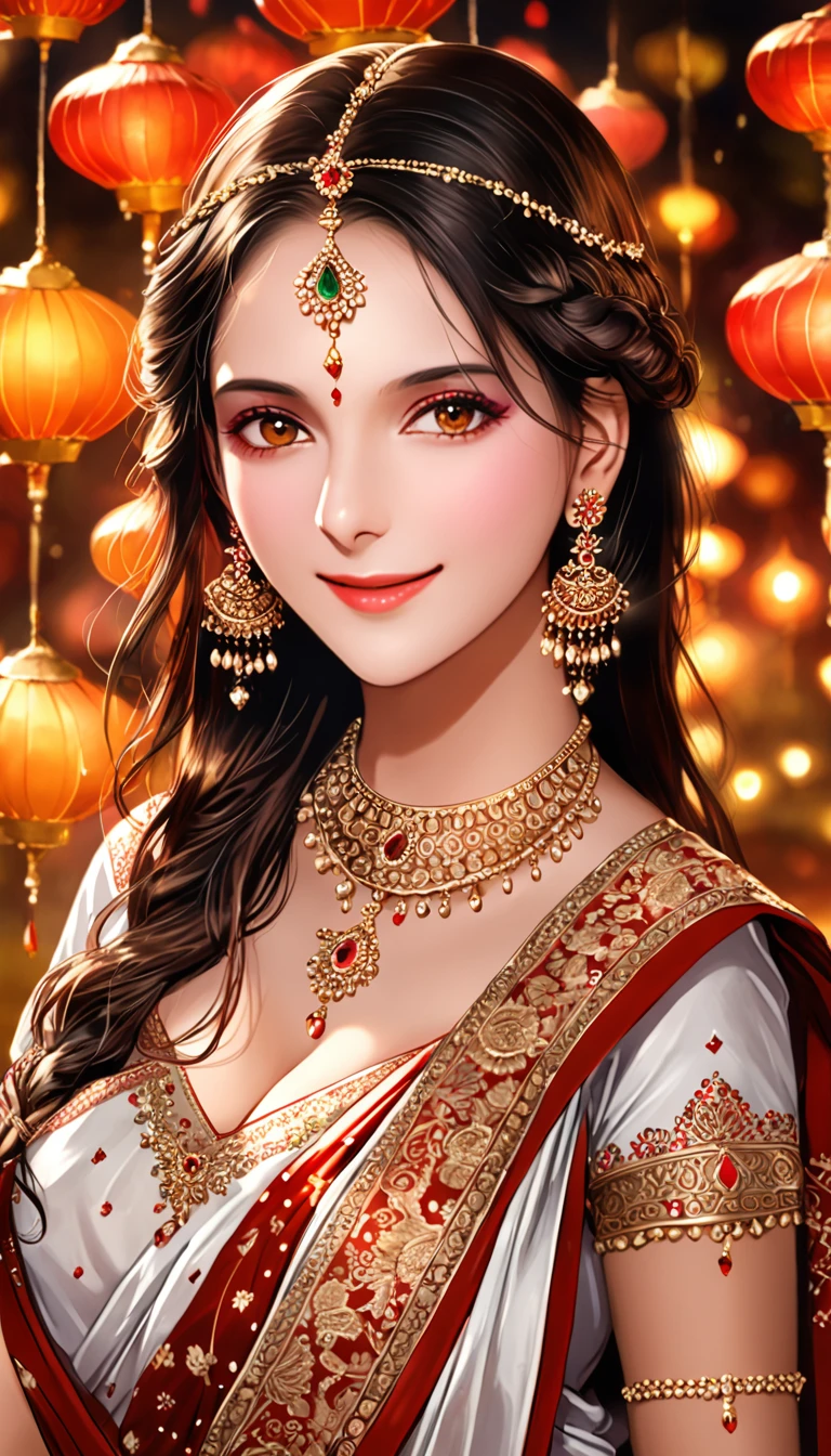 a young woman leaning down, single hair braid, detailed alluring eyes, smooth detailed lips, beautiful face, smiling, red lipstick, navel, bangles, saggy breasts, small cleavage, beautiful floral white saree with intricate patterns, big long jhumka earrings, ),HDR,UHD,studio lighting,ultra-fine painting,sharp focus,physically-based rendering,extreme detail description,professional,vivid colors,bokeh,portraits,chiaroscuro lighting,dramatic lighting, cinematic,g, celebrating Diwali festival, background house entrance,diwali,manga tikka , jewellery, diamond necklace,gold necklace,silver chain, bangles,silver bangles,rings, wedding ring,nail polish,makeup eyeshadow ,white skin