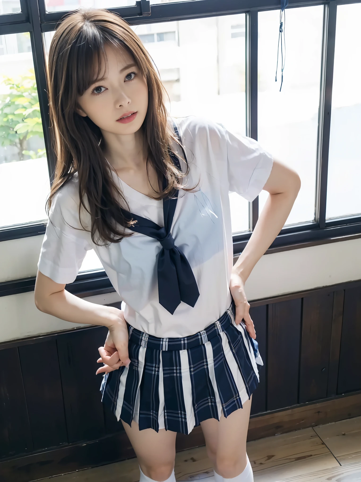 ***1 person、(8k、 RAW Photos、Best Quality、Highest quality、 masterpiece:1.2)、( real、 real)、1 person、( medium hair、 white short sleeve Y shirt、Navy blue tie、Breast enlargement、blue plaid mini short skirt、Thin legs、( loose socks 、 is wearing sneakers:1,1、 standing facing the front、summer、Hot Day Sashimi 、School、( stand with your hands on your lower back,Standing posture:1,2))、 cute、Show me your whole body、