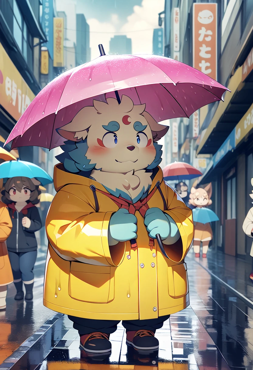 (Agyou)((masterpiece)),(( high quality)), Being overweight、 kemono art , kemono art ,  boy anime style, blush、Colorful、,  is cute,  kemono art , raincoat,Rain boots、Rain、Rain falls and holds up an umbrella、Bad weather、Cloudy、Walking in the city（umbrella,hand holding umbrella）