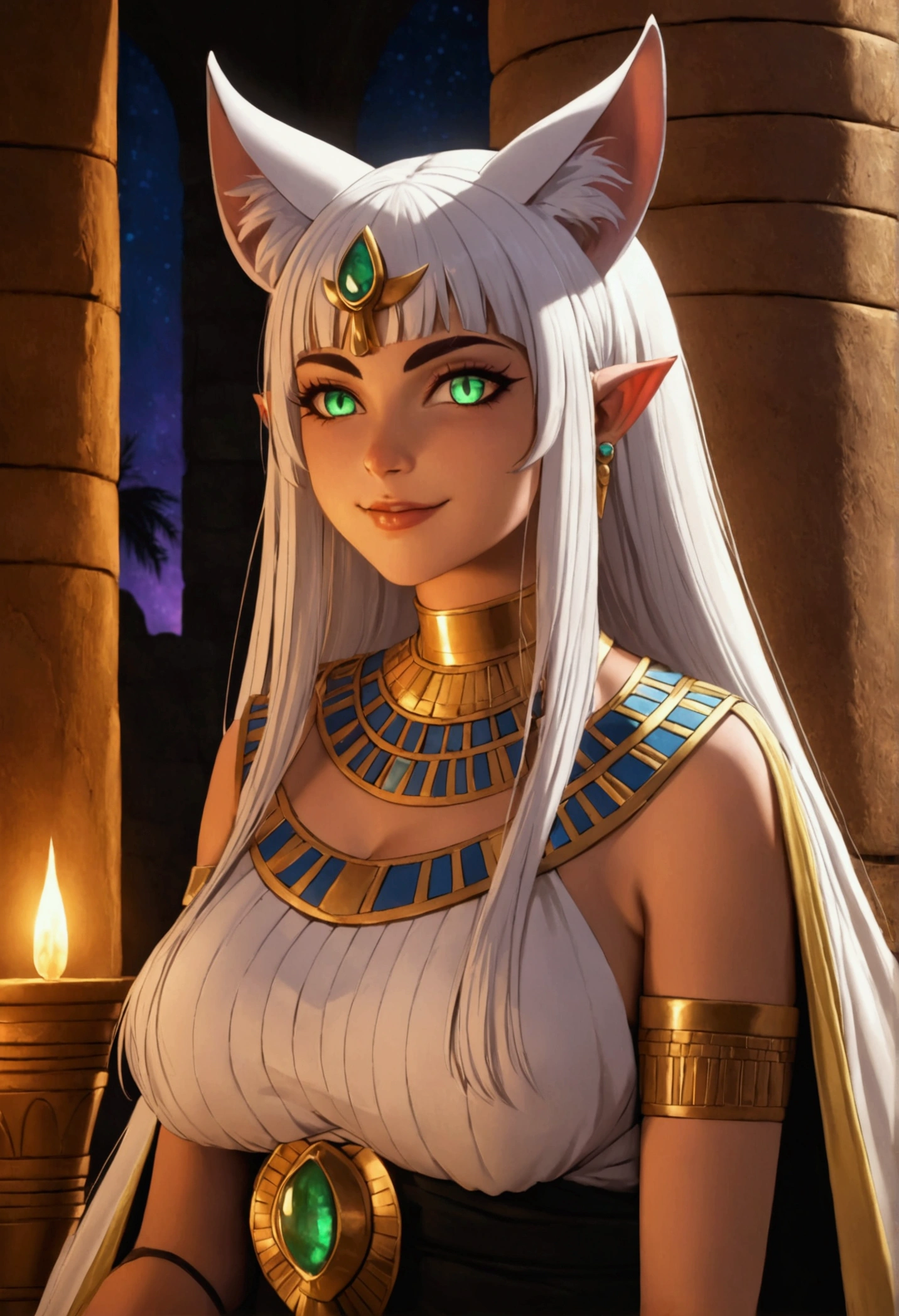 1girl, long_hair, white_hair, cat_ears, arched_bangs, green_eyeliner, black_eyes, sandals, egyptian_clothes, white_pupils, cloak, fangs, sharp_fingernails, thick_thighs, smirk, busty, detailed facial features, intricate ornaments, ornate jewelry, glowing mystical aura, dramatic lighting, fantasy landscape, vibrant colors, cinematic composition, photorealistic, 8k, highly detailed, masterpiece