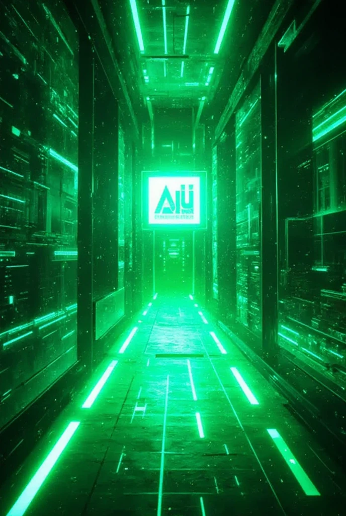 (3D hologram ),( green square line floor:2.0),(cyberpunk:2.0),(future:2.0),,("AIU" hologram logo),(square line wall :2.0)、A cyber world with a transparent cityscape, glowing pathways, and illuminated alleys. The scene is filled with vibrant colors, digital elements, and futuristic architecture, capturing a sense of advanced technology and virtual reality. Include details like floating data streams and neon lights, creating a mesmerizing atmosphere.、masterpiece,best quality,ultra detailed,8k portrait,unity 8k wallpaper,super fine illustration,very detailed background,highly detailed background