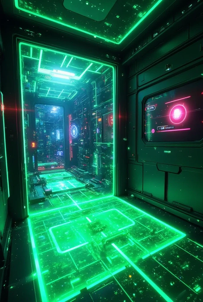 (3D hologram ),( green square line floor:2.0),(cyberpunk:2.0),(future:2.0),,("AIU" hologram logo),(square line wall :2.0)、A cyber world with a transparent cityscape, glowing pathways, and illuminated alleys. The scene is filled with vibrant colors, digital elements, and futuristic architecture, capturing a sense of advanced technology and virtual reality. Include details like floating data streams and neon lights, creating a mesmerizing atmosphere.、masterpiece,best quality,ultra detailed,8k portrait,unity 8k wallpaper,super fine illustration,very detailed background,highly detailed background