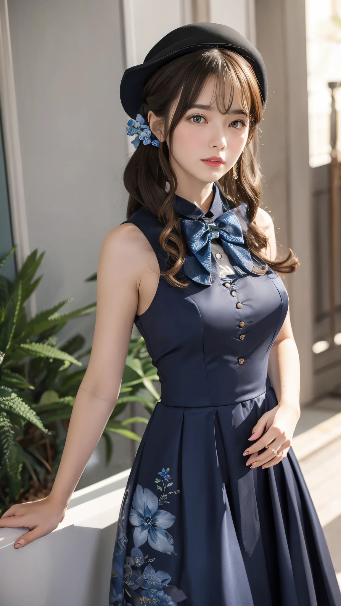    alone ， brown hair   ,    Pale Skin   ,  Bow and Arrow,  with sapphire eyes   ,  bow adorned   with dark blue flowers and wide    {ten个}   装饰 with dark blue flowers and wide  {ten}  wearing a blue dress with black decorations  ,   A woman with low top   , Blue Ribbon,    with dark blue flowers and wide    , Wide-brimmed hat  ，thigh