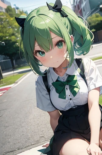 Anime girl with light green hair and a bow tie sitting on the ground, ,   Anime Moe Art Style  ,  ,  cute girl anime visual,  Cute Anime Girl , Ecchi Anime Style,  So、 She has a cute expressive face, ( ( Stop 4 # ) ), ; opens her mouth,   Splash Art Anime  