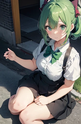 Anime girl with light green hair and a bow tie sitting on the ground, ,   Anime Moe Art Style  ,  ,  cute girl anime visual,  Cute Anime Girl , Ecchi Anime Style,  So、 She has a cute expressive face, ( ( Stop 4 # ) ), ; opens her mouth:1.4,   Splash Art Anime  