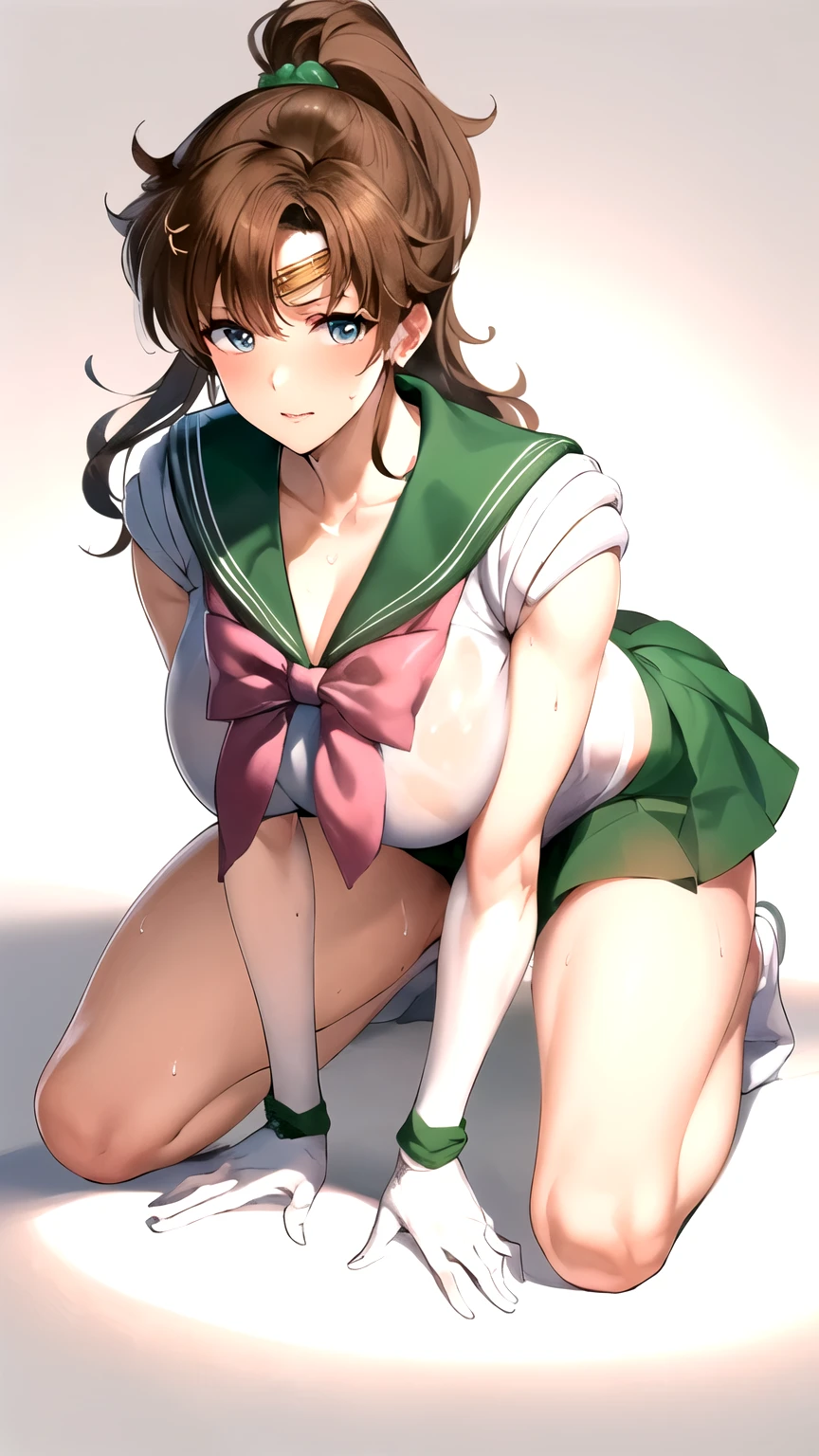 masterpiece, Best Quality,  high definition, (( Sailor Jupiter )), 1990s \( style \),、(milk)、expensive、 Sweaty All Over 、vapor、 1 male and 1 female 、(( fellatio))、Beautiful big breasts、Muscular、 sexy、Burning cheeks ,  that has been violently pistoned is covered with sexual fluid、 Sweaty 、 side view、 looks up、 born in the year, On the face、( left anterior configuration )、( penis is hidden )、Brown Hair、(( ponytail)), (( full body shot :1.4)),  stand on all fours:1.4