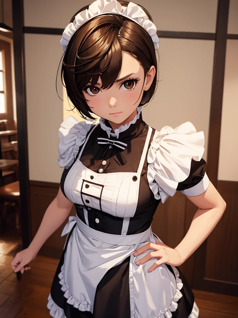 1teengirl, as a maid, wearing a maid outfit , at a maid cafe, brown short hair, brown eyes, 8k, high detailed, high quality, high accuracy, full body