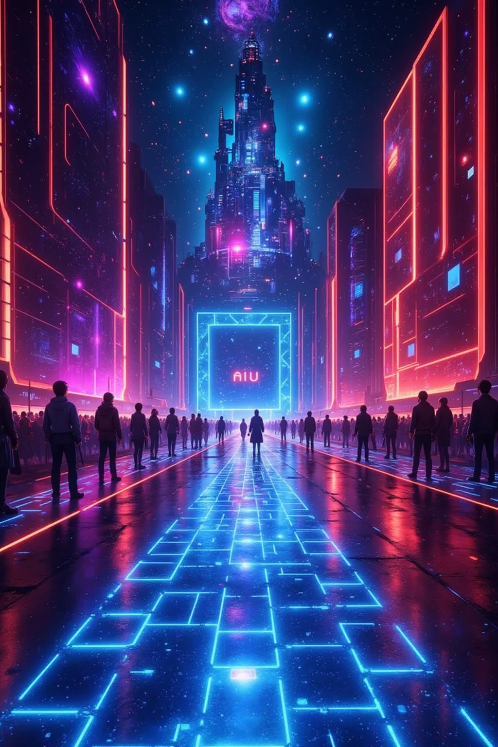 A cyber world with a transparent cityscape, glowing pathways, and illuminated alleys. The scene is filled with vibrant colors, digital elements, and futuristic architecture, capturing a sense of advanced technology and virtual reality. Include details like floating data streams and neon lights, creating a mesmerizing atmosphere.,(3D hologram),(blue square line floor),(future),("AIU" hologram logo),(red square line wall),masterpiece,best quality,ultra detailed,8k portrait,unity 8k wallpaper,super fine illustration,very detailed background,highly detailed background