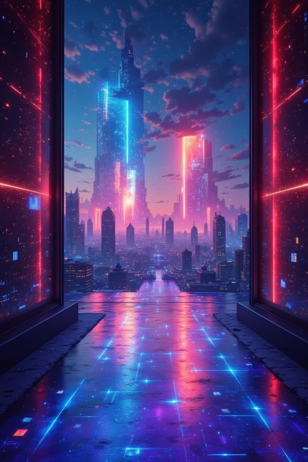 A cyber world with a transparent cityscape, glowing pathways, and illuminated alleys. The scene is filled with vibrant colors, digital elements, and futuristic architecture, capturing a sense of advanced technology and virtual reality. Include details like floating data streams and neon lights, creating a mesmerizing atmosphere.,(3D hologram),(blue square line floor),(future),("AIU" hologram logo),(red square line wall),masterpiece,best quality,ultra detailed,8k portrait,unity 8k wallpaper,super fine illustration,very detailed background,highly detailed background