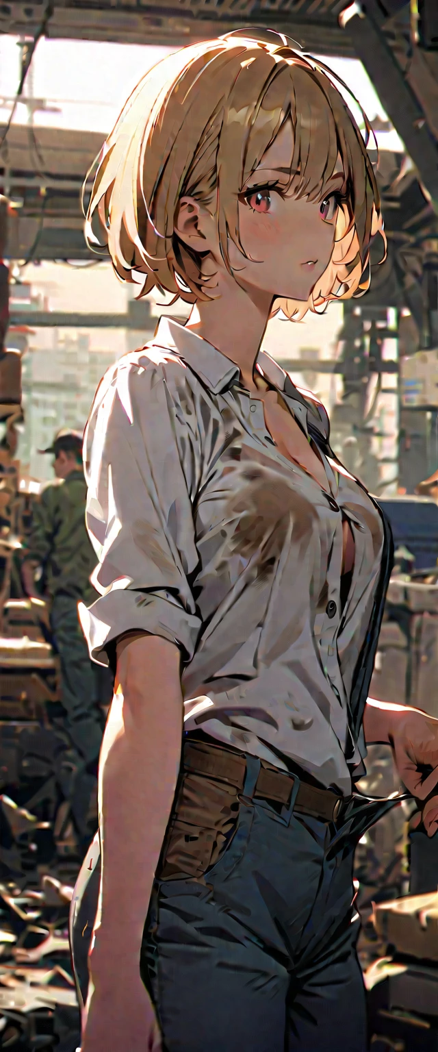 A girl, short hair, worker, dirty clothes, v-neck, neckline, unbuttoned shirt