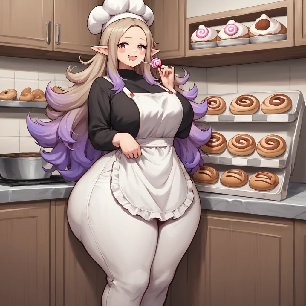 score_9, score_8_up, score_7_up, score_6_up, score_5_up, score_4_up, source_furry, by yboon, indoors, bakery  three-quarter portrait, cowboy shot BREAK 1girl, elf, massive hips, thick thighs, massive , curvy, High Resolution, 1girl, Black Hair, Long Hair, Anime Style, Anime, Big Butt, Elegg (NOD) hair with bangs, covering the eyes, Very Very Very Big , full body, body with curve, chef hat, white apron, black shirt, black pants, white pants, candy, lollipops, Parted Bangs, Gradient Hair, Messy Hair, Light Brown Hair, Purple Hair, Saliva, Blush Stickers, Drooling, Seductive Smile, 