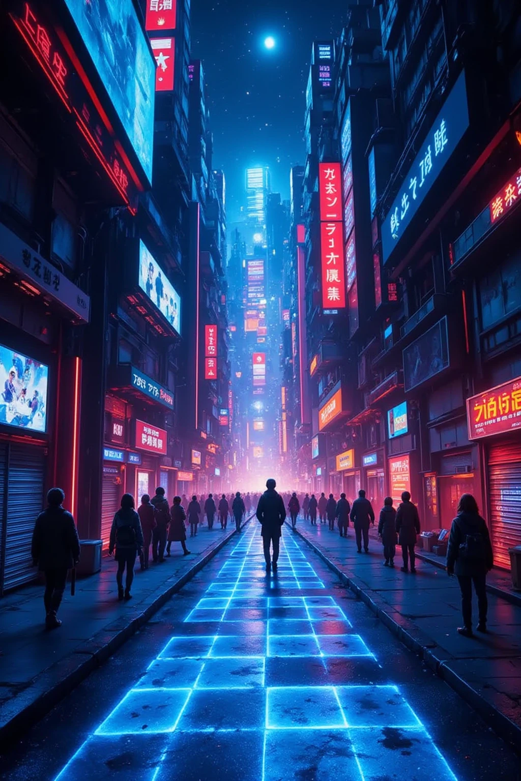 A cyber world, a city made entirely of 3D holograms, realistic details, featuring narrow alleys and vibrant neon lights, showcasing futuristic architecture and digital advertisements, bustling with virtual citizens, in a night setting.,(3D hologram),(blue square line floor),(future),("AIU" hologram logo),(red square line wall),masterpiece,best quality,ultra detailed,8k portrait,unity 8k wallpaper,super fine illustration,very detailed background,highly detailed background