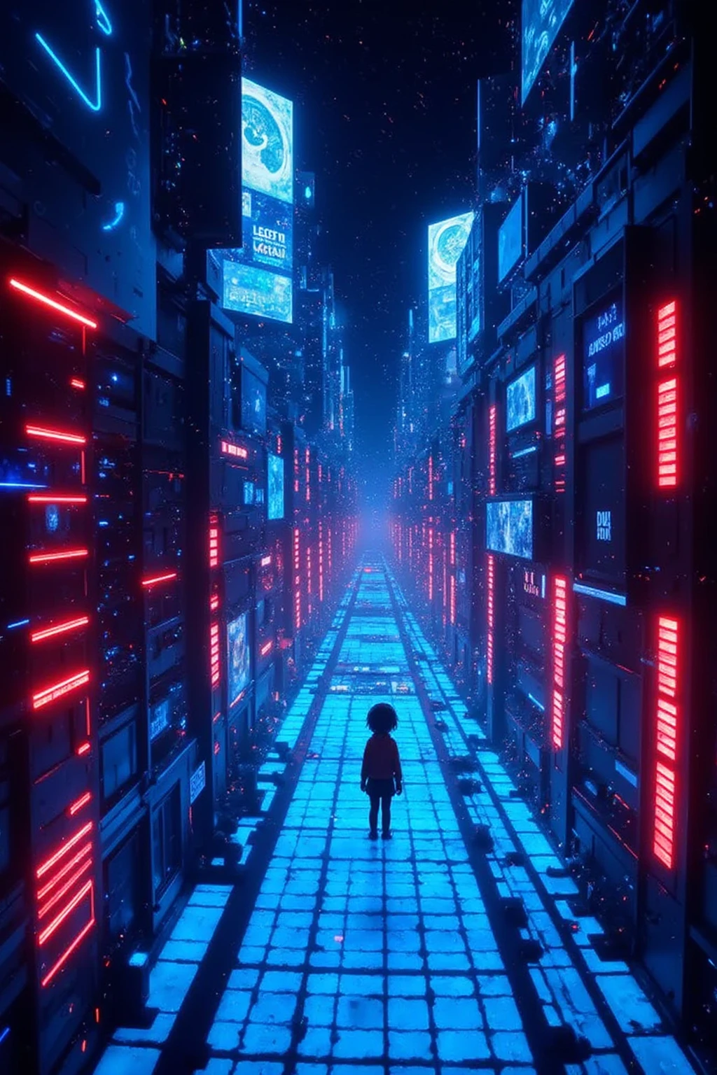 A cyber world, a city made entirely of 3D holograms, realistic details, featuring narrow alleys and vibrant neon lights, showcasing futuristic architecture and digital advertisements, bustling with virtual citizens, in a night setting.,(3D hologram),(blue square line floor),(future),("AIU" hologram logo),(red square line wall),masterpiece,best quality,ultra detailed,8k portrait,unity 8k wallpaper,super fine illustration,very detailed background,highly detailed background