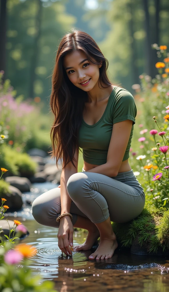 A fresh woman with shawl long hair, wearing green tight short sleeves and gray tight cropped pants. Lush forests, clear streams gurgling, and various wild flowers along the streams. The woman squatted by the stream, gently stroking the water with her hands, with a pleasant smile on her face.