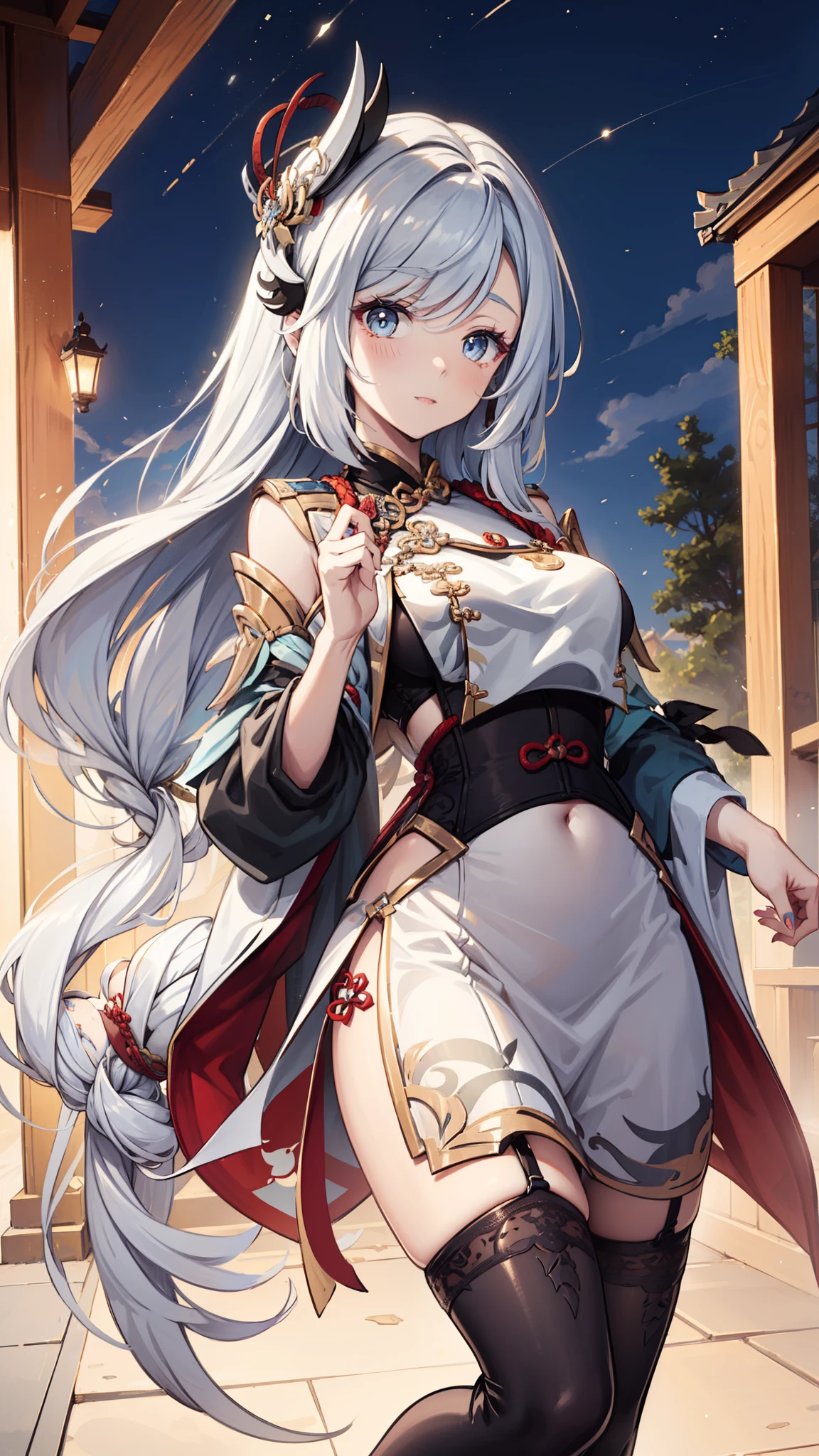 High and cold，Three No，No Expression，cold，cold，Loli，Loli，little girl，White hair，White hair，Fox ears，White hair all over the body，Anthropomorphic fox girl，White fox girl，白色丝绸Knee socks，Knee socks，Garter stockings，Short robe，Back of robe，Back of robe，Mage Robe，Lace decoration，Lace decoration的袍子和Knee socks，蕾丝Knee socks，白丝Knee socks，Close-up above the waist，Close-up above the waist