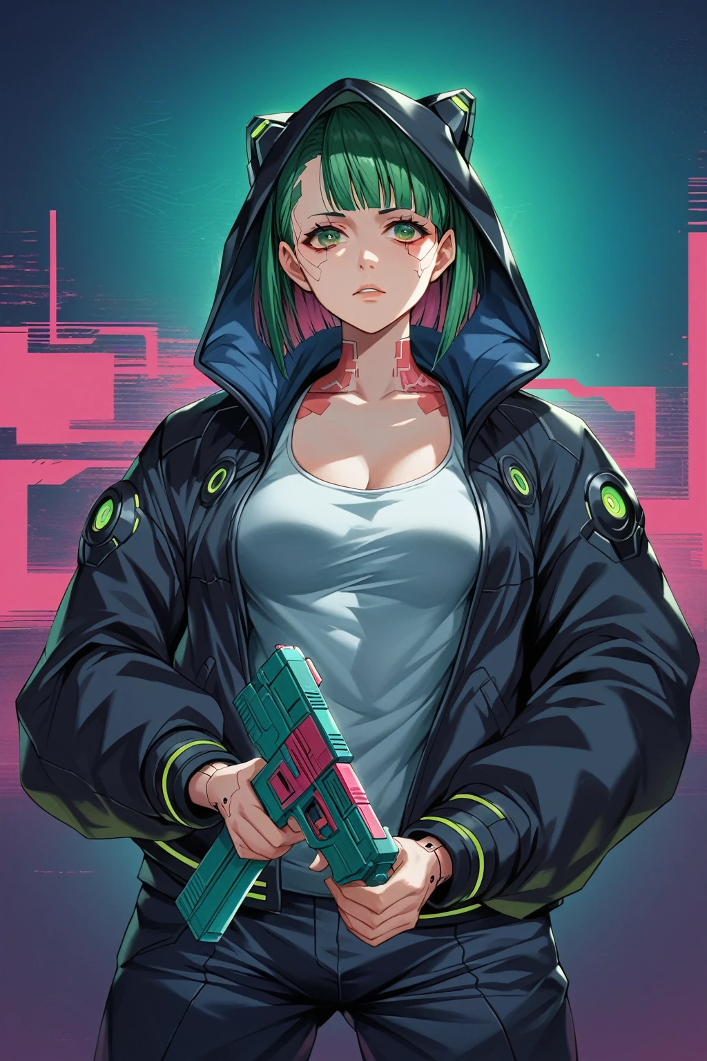 a woman with green eyes and a black jacket holding a gun, anime cyberpunk art, cyberpunk anime girl, best anime 4k konachan wallpaper, cyberpunk anime girl mech, female cyberpunk anime girl, cyberpunk anime art, anime style 4 k, digital cyberpunk anime art, cyberpunk anime girl in hoodie, anime wallpaper 4k, anime wallpaper 4 k, anime cyberpunk, skullzero loco letter, bikini green 