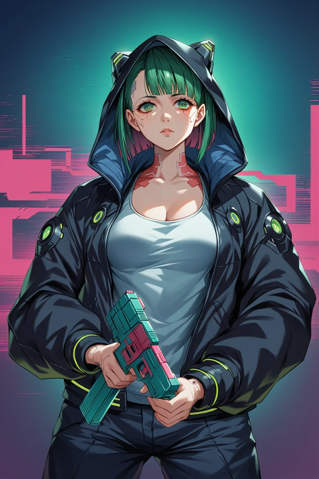 a woman with green eyes and a black jacket holding a gun, anime cyberpunk art, cyberpunk anime girl, best anime 4k konachan wallpaper, cyberpunk anime girl mech, female cyberpunk anime girl, cyberpunk anime art, anime style 4 k, digital cyberpunk anime art, cyberpunk anime girl in hoodie, anime wallpaper 4k, anime wallpaper 4 k, anime cyberpunk, skullzero loco letter, bikini green 