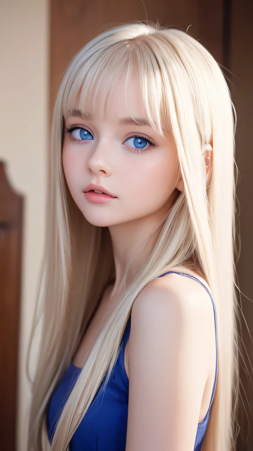 cute very beautiful first time with super long straight platinum blonde hair, the most beautiful in the world々 analog style portrait of a young woman with a pretty young face 、 The bangs between the eyes hang down to the tip of the nose 、Beautiful Extraordinary Beautiful Girl , Shining big, very bright and vivid light blue eyes 、Big Eyes、snow white skin、Glowing Skin、Small Face Beauty、round face、Bangs between the eyes、Bangs that fall on the face