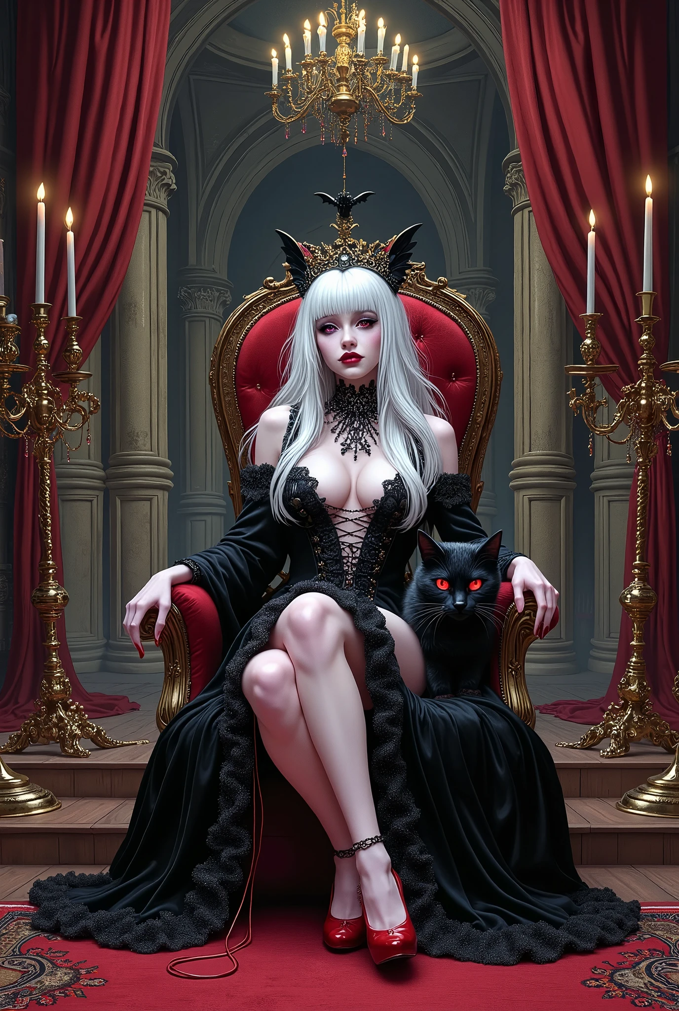 (Ultra-detailed face, Looking away, Fantasy Illustration with Gothic, Dark tone colors.), BREAK 
(The vampire queen sits cross-legged on a small, opulent chair on a dais in a large, high-ceilinged, gothic audience chamber with huge mirrors on all the walls, staring at you. In her lap lies a large jet-black cat, staring at you with glowing red eyes.), BREAK 
(The vampire queen wears a black onyx bat tiara and a silver lace false collar. She wears a lace-up dress of velour fabric with lace and ruffles that is wide open at the bust. She wears crimson high heels with thin red chains woven into them.), BREAK 
(She has pure white hair and eyebrows, blunt bangs, long messy hair reaching to her waist, small pink lips, translucent pale skin, light red glowing eyes, and a young aged vampire queen with thick dark eyeliner around her eyes.), BREAK 
(This is an old-fashioned castle in a gothic, medieval European style. This is a mysterious world where magic and vampire legends exist. The castle's spacious audience chamber has mirrored walls, opulent heavy curtains, a red Persian carpet, a jeweled chandelier with many candles lighting the ceiling, and strangely twisted gold candelabras lighting the room.)