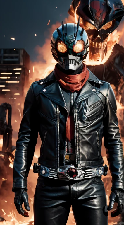 ((solo, kamen rider, shinkr, ghostrider, wearing leather jacket, leather pants)), (((burning head))), mask painted like a skull skeleton, mecha, (standing), full body detailed, detailed hands, good fingers, good hands, good legs, red scarf, low hood, ((epic burning city)), ruins, floating, explosion, debris, some fire and glitter background, ultra hd, ultra realistic texture, (flare lens:1.2), (long shot:0.9)