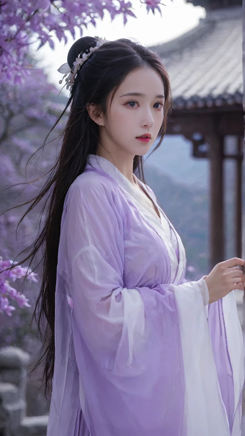 ,( Small Breasts :1.2),1 beautiful girl, unique,hair,Long hair, actual ,Lips,Hair accessories,Long sleeve,Eyes with spirit,  upper body ,nose,Hanfu, Chinese clothing,robe,scroll,white robe,Flowing hair,
portrait,Looking aside ,( perspective :1.2),( perspective  sleeves:1.3),wind,Purple feather clothes，(Purple:1.3)，Purple flower hanfu
, Purple岐来自东方, Purple魏源, Purple云仙, Purple魏星 Prince, Purple魏豆树, Purple电青霜, Purple灵芝仙草, Purple宫仙, Purple云山, Purple花仙, Purple阳仙, Purple岐亭, Purple岐山, Purple Xia Fairy, Purple庐山, Purple萧宫, Purple竹仙, Purple岐星官, Purple金城, Purple魏星
(1 Girl:1.3), aldult, 国wind, Hanfu, mist,  look at the audience ,Long hair被wind吹拂,  dusk,  masterpiece ,
analog film photo ethereal fantasy concept art of  masterpiece , 动态perspective,  intricate details, Wide Angle, Motion blur. Purple long hair. She stands next to the East Asian building, Starry Sky,
