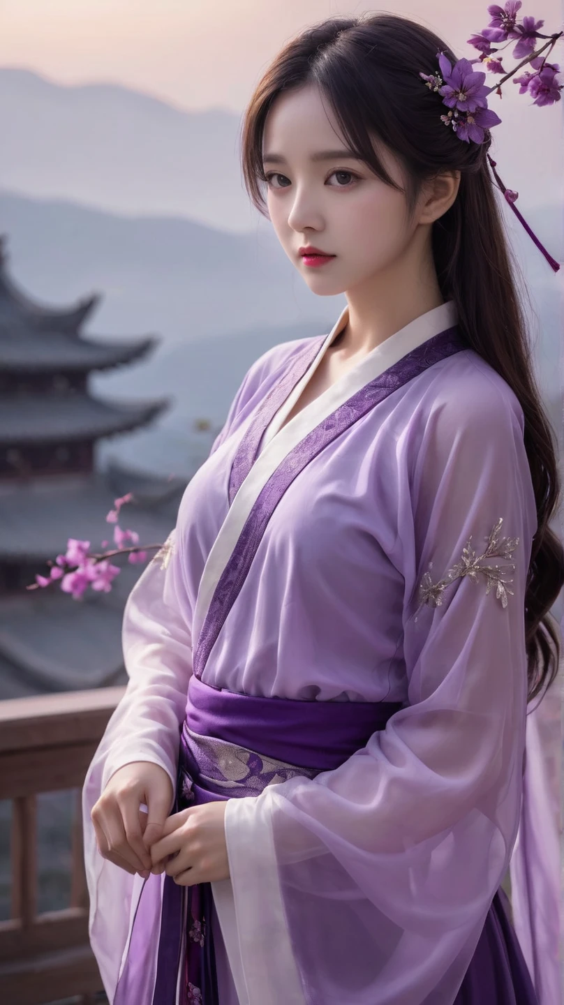 ,( Small Breasts :1.2),1 beautiful girl, unique,hair,Long hair, actual ,Lips,Hair accessories,Long sleeve,Eyes with spirit,  upper body ,nose,Hanfu, Chinese clothing,robe,scroll,white robe,Flowing hair,
portrait,Looking aside ,( perspective :1.2),( perspective  sleeves:1.3),wind,Purple feather clothes，(Purple:1.3)，Purple flower hanfu
, Purple岐来自东方, Purple魏源, Purple云仙, Purple魏星 Prince, Purple魏豆树, Purple电青霜, Purple灵芝仙草, Purple宫仙, Purple云山, Purple花仙, Purple阳仙, Purple岐亭, Purple岐山, Purple Xia Fairy, Purple庐山, Purple萧宫, Purple竹仙, Purple岐星官, Purple金城, Purple魏星
(1 Girl:1.3), aldult, 国wind, Hanfu, mist,  look at the audience ,Long hair被wind吹拂,  dusk,  masterpiece ,
analog film photo ethereal fantasy concept art of  masterpiece , 动态perspective,  intricate details, Wide Angle, Motion blur. Purple long hair. She stands next to the East Asian building, Starry Sky,
