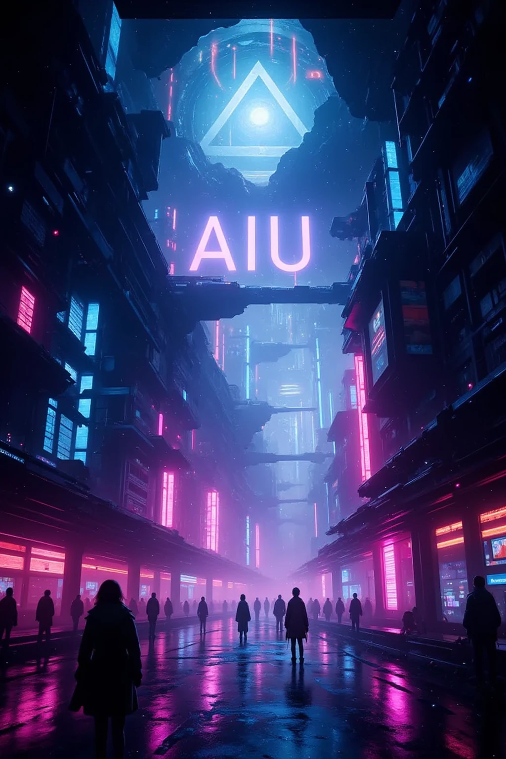 A realistic 3D hologram of a cyber world, featuring intricate alleyways filled with neon lights and futuristic architecture, showcasing advanced technology and a vibrant atmosphere, with a focus on depth and detail,(3D hologram),(future),("AIU" hologram logo),masterpiece,best quality,ultra detailed,8k portrait,unity 8k wallpaper,super fine illustration,very detailed background,highly detailed background