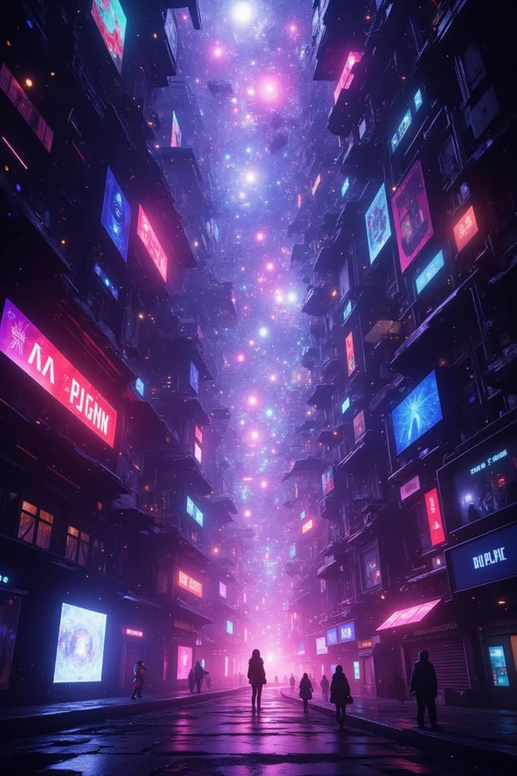 A realistic 3D hologram of a cyber world, featuring intricate alleyways filled with neon lights and futuristic architecture, showcasing advanced technology and a vibrant atmosphere, with a focus on depth and detail,(3D hologram),(future),("AIU" hologram logo),masterpiece,best quality,ultra detailed,8k portrait,unity 8k wallpaper,super fine illustration,very detailed background,highly detailed background