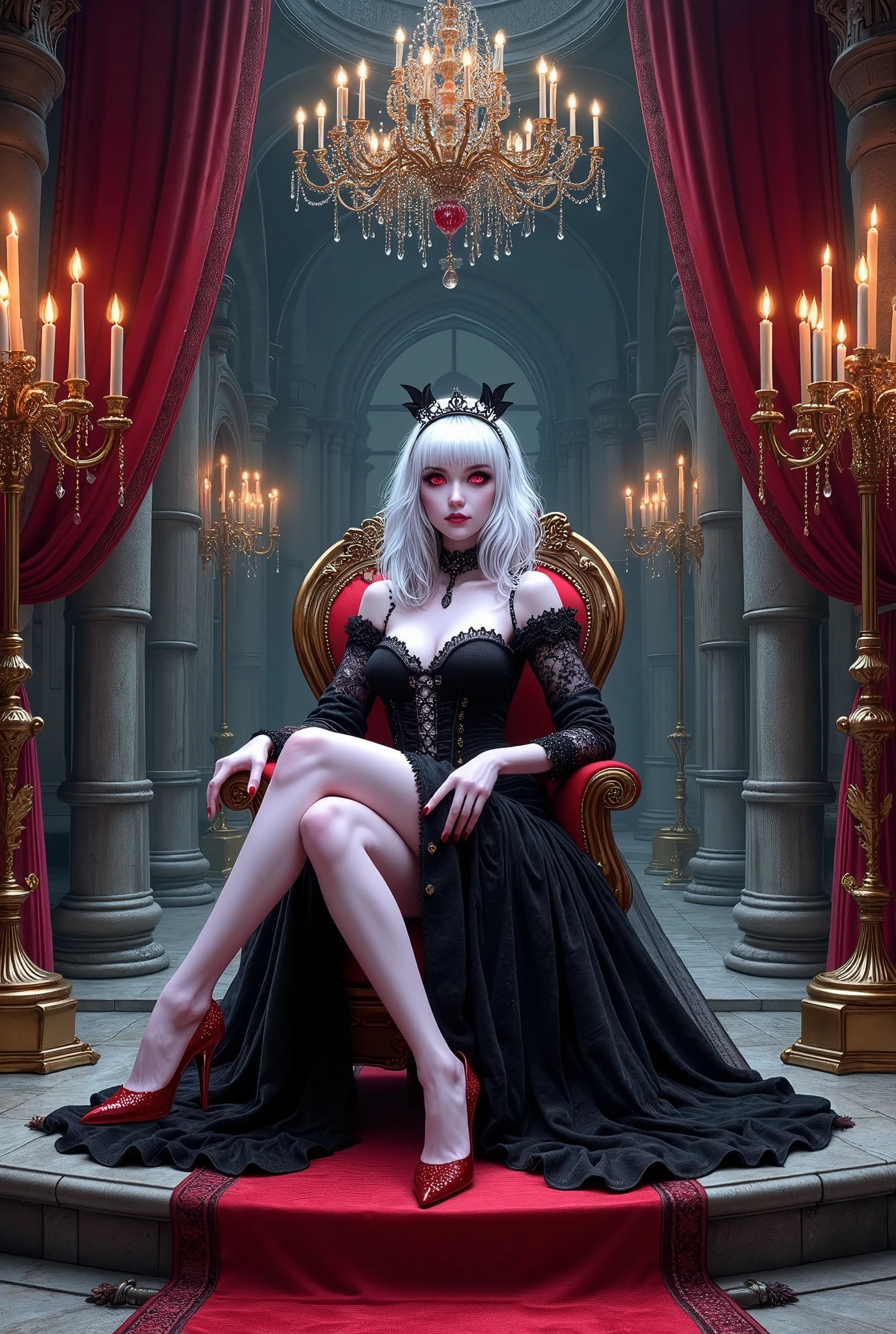 (Ultra-detailed face, Looking away, Fantasy Illustration with Gothic, Dark tone colors.), BREAK 
(The vampire queen sits cross-legged on a small, opulent chair on a dais in a large, high-ceilinged, gothic audience chamber with huge mirrors on all the walls, staring at you.), BREAK 
(The vampire queen wears a black onyx bat tiara and a silver lace false collar. She wears a lace-up dress of velour fabric with lace and ruffles that is wide open at the bust. She wears crimson high heels with thin red chains woven into them.), BREAK 
(She has pure white hair and eyebrows, blunt bangs, long messy hair reaching to her waist, small pink lips, translucent pale skin, light red glowing eyes, and a young aged vampire queen with thick dark eyeliner around her eyes.), BREAK 
(This is an old-fashioned castle in a gothic, medieval European style. This is a mysterious world where magic and vampire legends exist. The castle's spacious audience chamber has mirrored walls, opulent heavy curtains, a red Persian carpet, a jeweled chandelier with many candles lighting the ceiling, and strangely twisted gold candelabras lighting the room.)