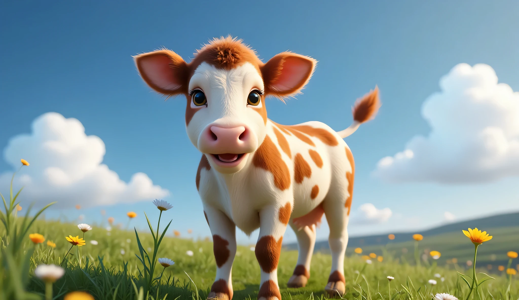 3D, Disney pixar style, A happy brown-and-white spotted cow standing in a vast green field, surrounded by tall grass and wildflowers, with a gentle breeze swaying its tail. The cow is mooing joyfully, under a bright blue sky with a few clouds.