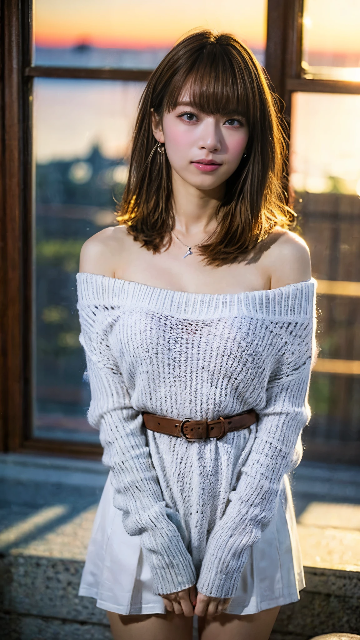 night view、Off the shoulder、 white t-shirt and jeans、Light brown hair and bangs、Elegant hairstyle、Blue Eyed Woman、A woman with a cute upward gaze、When the sky gets dark、Elegant summer knitwear、Elegant no sleave sweater、Leather Belt))、private's cute、Her ample breasts are obvious even through her clothes..、Dusk is approaching、Lens flare、I can see the sunset、((moonlight reflecting off the ocean、Ocean View、The moon shines on the sea、Small earrings、Brown Hair Color、The woman is on the right:1.4))、Luxury Leather Belts、Shiny clothes、Light beige hair color、Background Blur、Light brown hair、((Close-up shot from the waist up、Ample breasts:1.4))、Smile、Silk clothing 、Gorgeous white collared silk shirt and brown skirt、Dress elegantly、Full body photo、ring、Short skirt、Silver Necklace、smile、Highly detailed photos、Very beautiful、(8k、RAW Photos、Highest quality、masterpiece:1.2)、(Realistic、Realistic)、1 Girl、((Looking into the camera:1.4))、Hair blowing in the wind