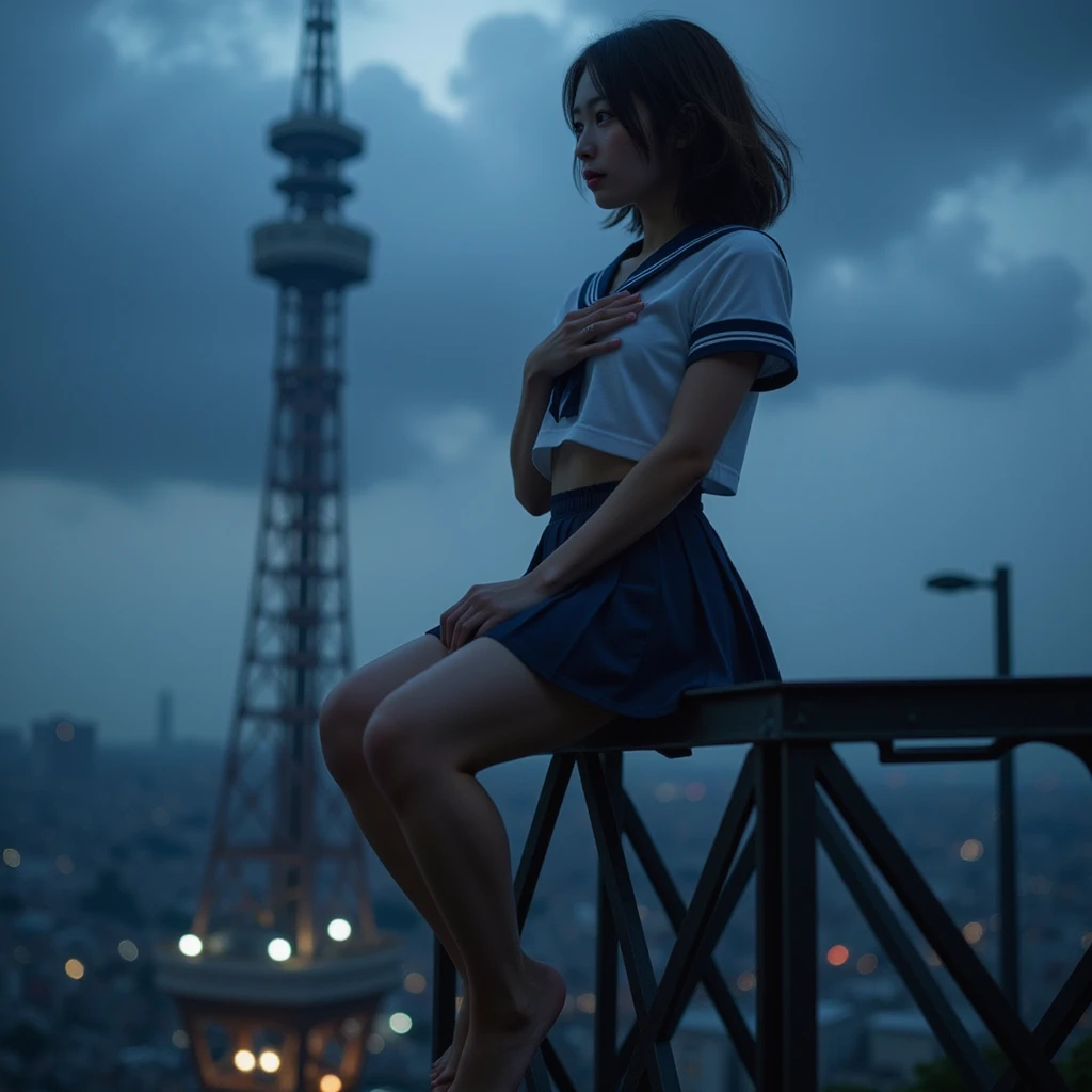 A woman sits on the tip of a steel frame of a tall radio tower, Side view, from side:1.8, (Best Quality:1.4),  32k high resolution UHD , (masterpiece:1.2),  Extremely Detailed Real Photo, (Realistic, 超Realistic:1.4),  very beautiful Japanese woman in uniform, Lovely Japanese Woman ,  famous beautiful Japanese idol , Perfect composition, Proper placement, Golden Ratio, Rainy Night,  intensive heavy rain outside , Guerrilla rainstorm,  large typhoon , Thunderstorm , Thunder in the distance ,  anatomically correct proportions :1.331,  has a small head:1.331,  Slender body:1.331,  thin waist:1.331, Thin limbs:1.331,  flat chest:1.331, Cover your chest with your hands:1.21,  Japanese high school sailor suit  :1.21, Short sleeve clothing, White short-sleeved sailor uniform :1.21, sera fuku:1.21, navy mini skirt, I can see her belly button , Brown Hair,  wavy hair in front of the station :1.21, Symmetrical eyes,  very beautiful clear eyes ,  Beautiful Hair Fluttering in the Wind , 