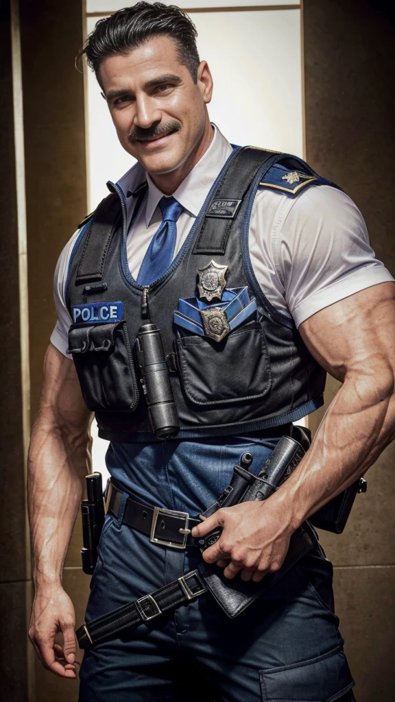 photography, best quality, high resolution, male focus, a 47yo cop workin wearing a police uniform, police holster belt and gun, police holster left thigh, sweating, bulletproof vest, slim waist, nice thighs, large muscular chest wearing tight cop ripped and holey tank-top, day light, wide shoulders, slim shape, nice bulge, solo, wavy medium messy hair style, mustache, atractive large lips smile, roman wide nose, policeman uniform, front view, HDR, ultra quality, imponent pose, highly detailed face.