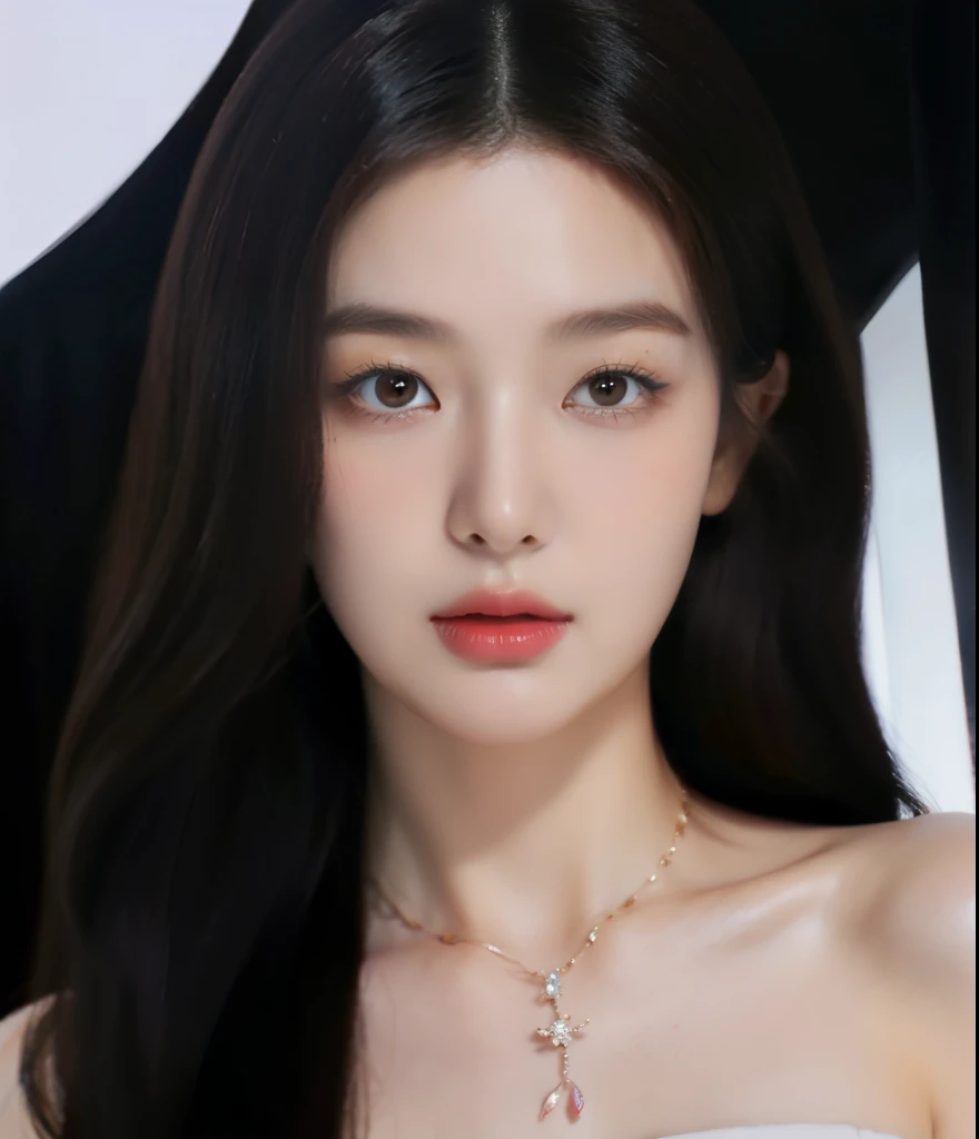 (1girl), best quality, hyperrealistic, utra realistic, masterpiece, korean girl, symmetrical face, perfect nose, formal chic clothes, natural makeup, long hair, light brown hair, brown eyes, clean skin, young girl, 19 years girl, confident expression, (closed mouth), delicate lips, elegant hairstyle, lips, soft professional lighting, simple background, symmetrical lips, soft pink lips