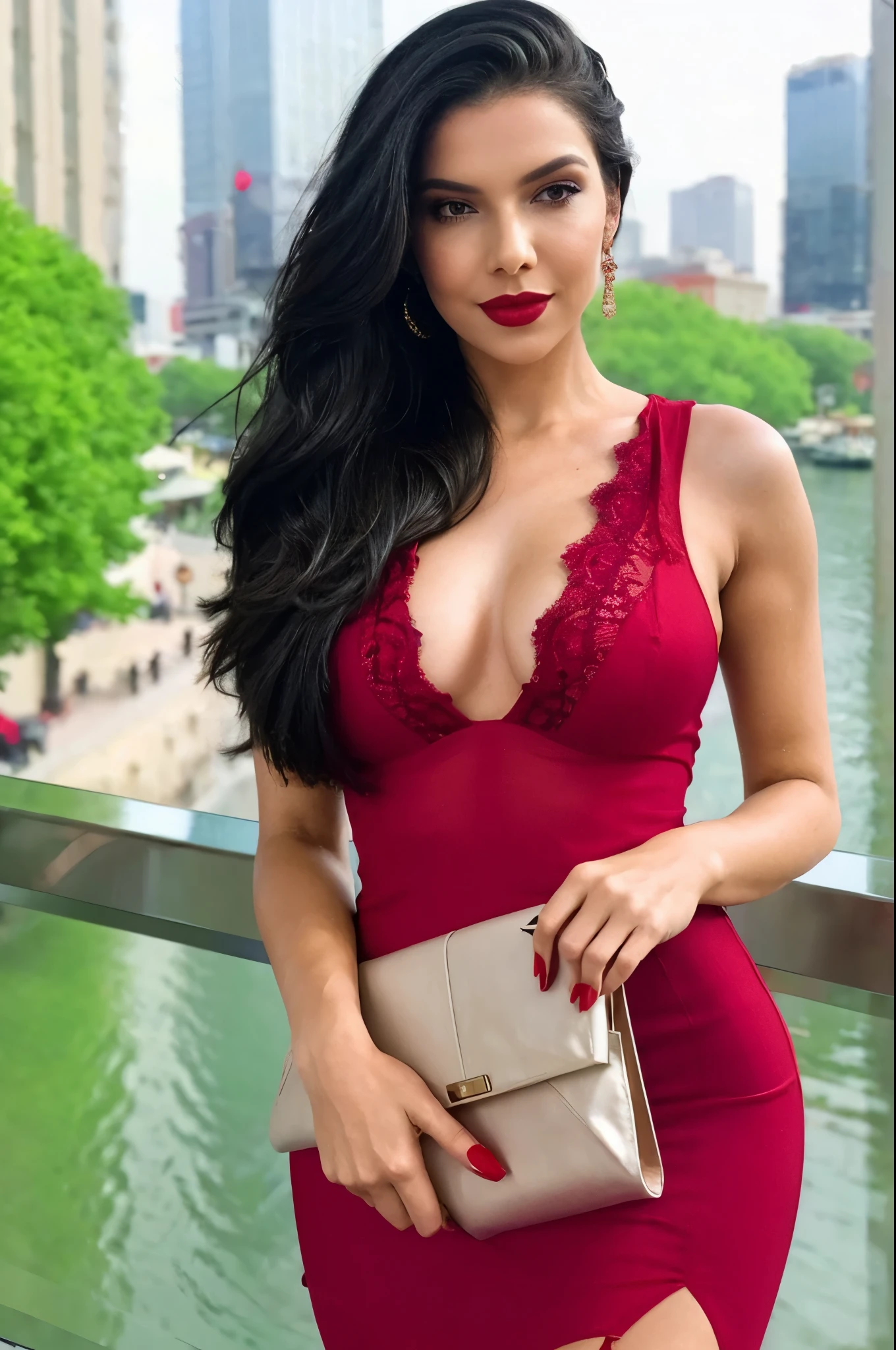 (masterpiece), best quality, perfect woman, midi dress, face detai, red lips, form-fitting, lightweight fabric, lace details, sheer panels, high heels, pointed toe, clutch, subtle accessories, seductive makeup, elegant hairstyle, close-up, cinematic lighting, bokeh, city ligths, river, sexy posture, desire
