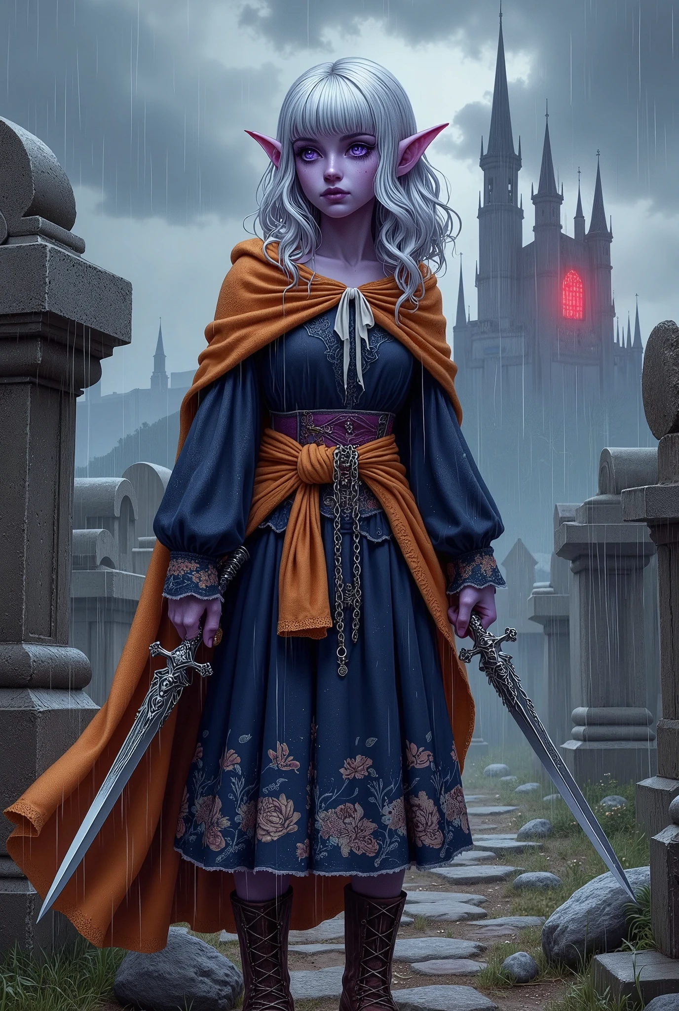 (Ultra-detailed face, Looking away, Fantasy Illustration with Gothic, Dark tone colors.), BREAK 
(A female dark elf vampire hunter, drenched by the rain falling from low-hanging gray rain clouds, stands by a stone ossuary in the deserted city's common cemetery, holding a holy silver dagger in each hand and keeping low, wary of the area.), BREAK 
(The dark elf female vampire hunter wears a hair ornament with a silver cross and a white ribbon tie. She wears a simple woolen blouse and a deep blue tunic. She wears an orange floral pareo around her waist and a knee-length rolled skirt of navy blue with a night sky printed with stars. She wears short brown leather boots with thin woven silver chains.), BREAK 
(A female dark elf vampire hunter of a young age with pure white hair and eyebrows, blunt bangs, curly hair that reaches her shoulders, small pink lips, dark purple skin, lavender eyes, and thick dark eyeliner around her eyes.), BREAK 
(This is an old-fashioned castle in a gothic, medieval European style. This is a mysterious world where magic and vampire legends exist. The deserted cemetery is littered with crumbling tombstones, and in the distance, the castle with its spiky spires, inhabited by vampires with an eerie aura of red, appears hazy in the rain.)