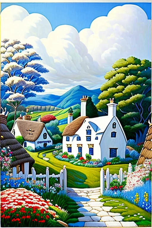  traditional house painting in medieval England 、Fairy tale、Picture books、Vivid picture、Bright white house 、 The contrast between the brown and white walls in the timber frame is beautiful。English thatched cottages、Flowers surrounding the house 々、 The hill that extends beyond the backyard 、 I can see sheep the size of a sesame seed in the distance。 Bright Blue Skies 