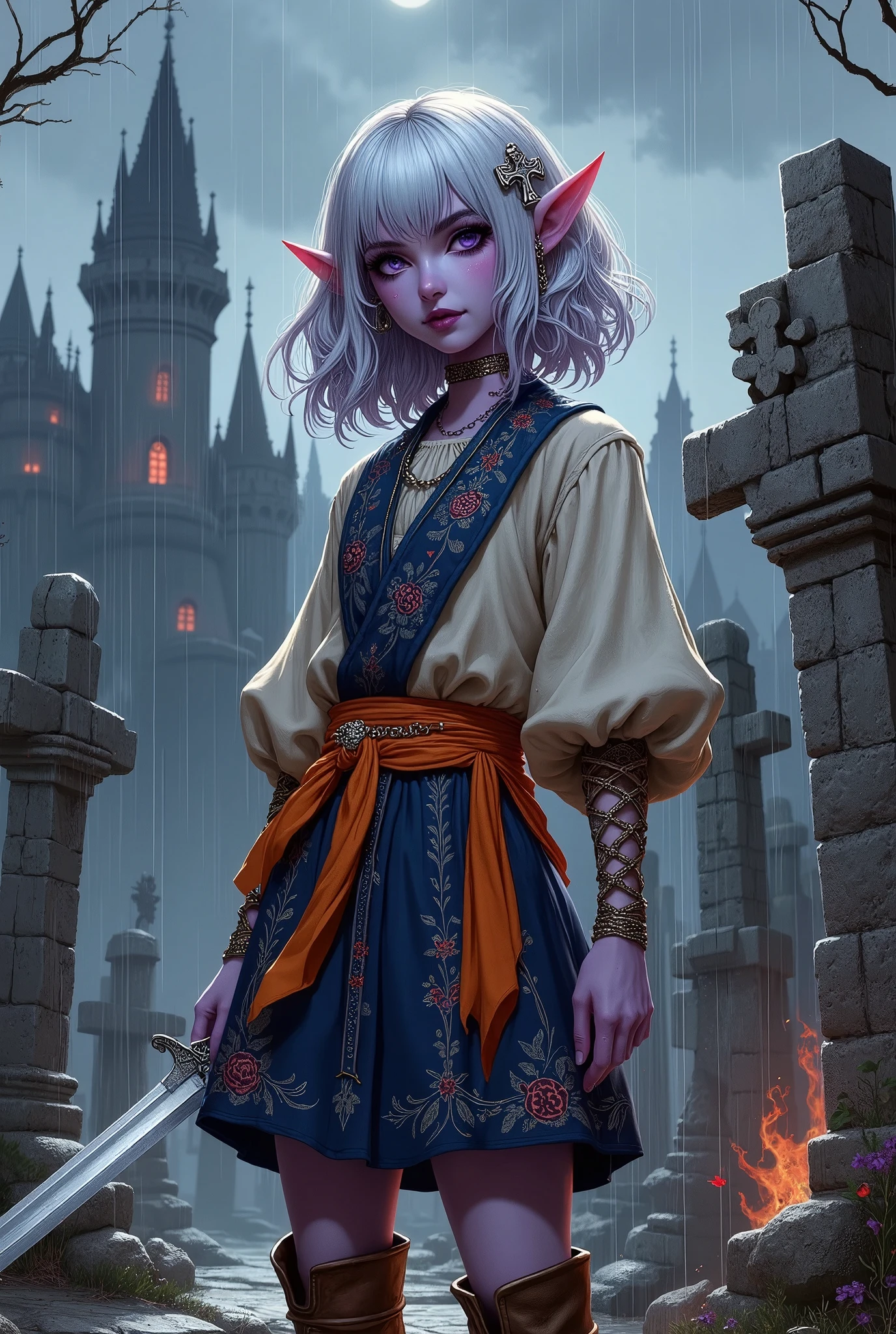 (Ultra-detailed face, Looking away, Fantasy Illustration with Gothic, Dark tone colors.), BREAK 
(A dark elf female vampire hunter, drenched in the rain falling from low-hanging gray rain clouds, stands by a stone ossuary in a deserted city communal cemetery, holding a holy, pale, shiny silver dagger in one backhanded hand and a large, pale, shiny silver cross in the other. He keeps low, wary of the area.), BREAK 
(The dark elf female vampire hunter wears a hair ornament with a silver cross and a white ribbon tie. She wears a simple woolen blouse and a deep blue tunic. She wears an orange floral pareo around her waist and a knee-length rolled skirt of navy blue with a night sky printed with stars. She wears short brown leather boots with thin woven silver chains. A large silver cross amulet is tied around her waist.), BREAK 
(A female dark elf vampire hunter of a young age with pure white hair and eyebrows, blunt bangs, curly hair that reaches her shoulders, small pink lips, dark purple skin, lavender eyes, and thick dark eyeliner around her eyes.), BREAK 
(This is an old-fashioned castle in a gothic, medieval European style. This is a mysterious world where magic and vampire legends exist. The deserted cemetery is littered with crumbling tombstones, and in the distance, the castle with its spiky spires, inhabited by vampires with an eerie aura of red, appears hazy in the rain.)