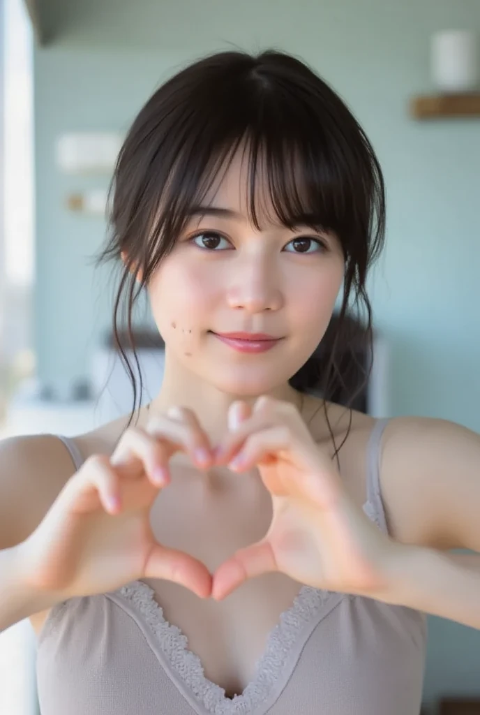 She is in a pose wearing a sexy bikini making a firm big heart shape with both hands, and holding it in front of her chest, Cute smile up,upper_body
