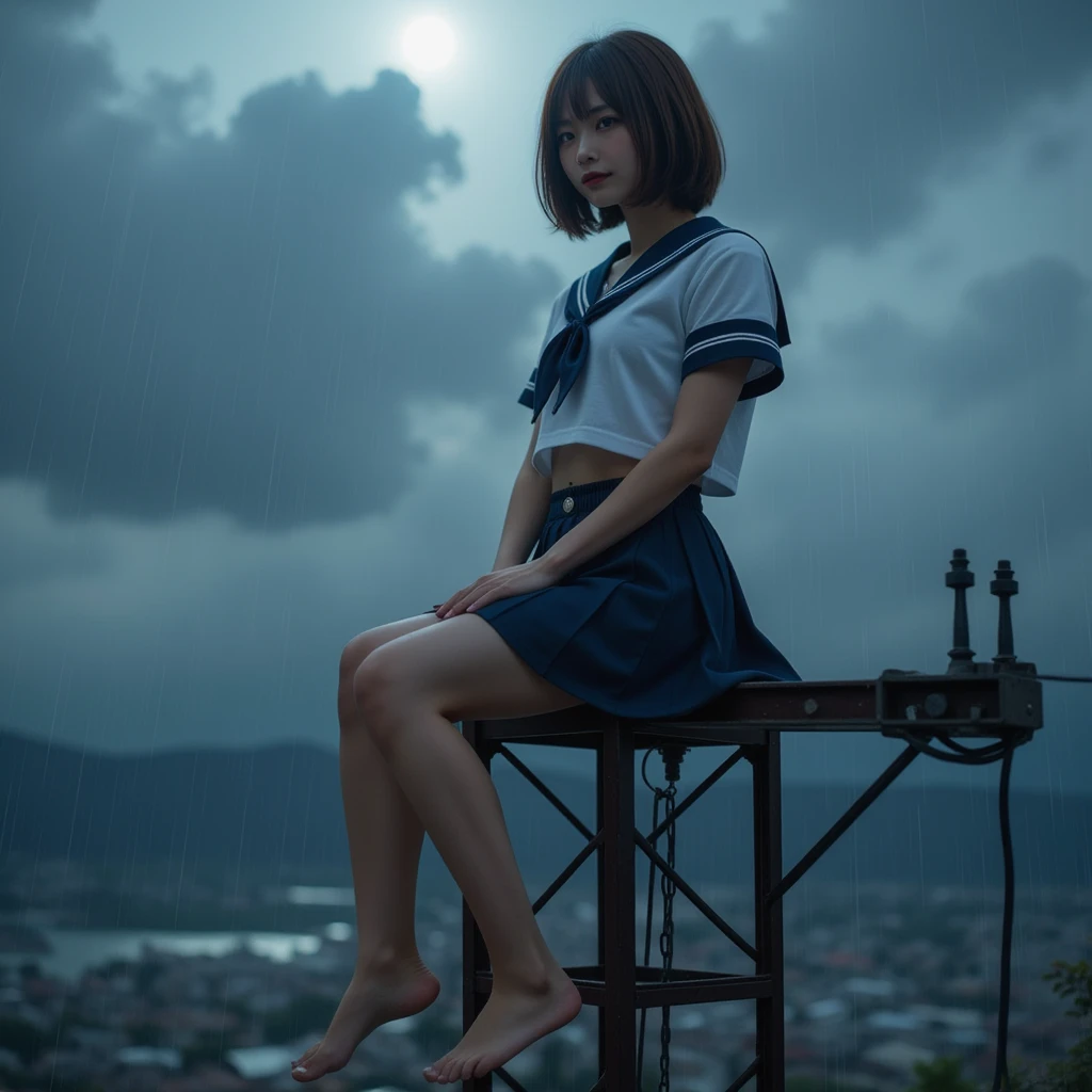  A woman sits on the tip of a steel frame of a tall radio tower, Side view, from side:1.8, (Best Quality:1.4),  32k high resolution UHD , (masterpiece:1.2),  Extremely Detailed Real Photo, (Realistic, 超Realistic:1.4),  very beautiful Japanese woman in uniform, Lovely Japanese Woman ,  famous beautiful Japanese idol , Perfect composition, Proper placement, Golden Ratio, Rainy dusk,  intensive heavy rain outside , Guerrilla rainstorm,  large typhoon , Thunderstorm , A faint light through a gap in the clouds ,  anatomically correct proportions :1.331,  has a small head:1.331,  Slender body:1.331,  thin waist:1.331, Thin limbs:1.331,  flat chest:1.331, Cover your chest with your hands:1.21,  Japanese high school sailor suit  :1.21, Short sleeve clothing, White short-sleeved sailor uniform :1.21, sera fuku:1.21, navy mini skirt, I can see her belly button , Brown Hair,  BOB CUT HAIR :1.21, Symmetrical eyes,  very beautiful clear eyes ,  Beautiful Hair Fluttering in the Wind , 