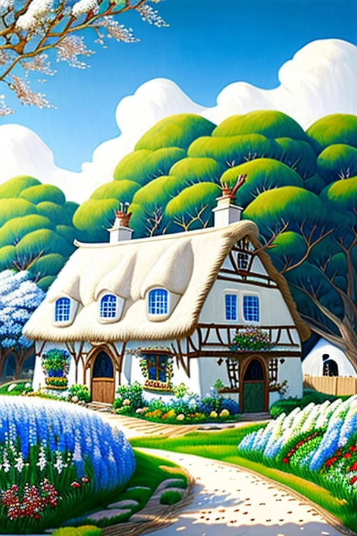  traditional house painting in medieval England 、Fairy tale、Vivid picture、Bright white house 、 The contrast between the brown and white walls in the timber frame is beautiful。English thatched cottages、Flowers surrounding the house 々、 The hill that extends beyond the backyard 、 I can see sheep the size of a sesame seed in the distance。 Bright Blue Skies 