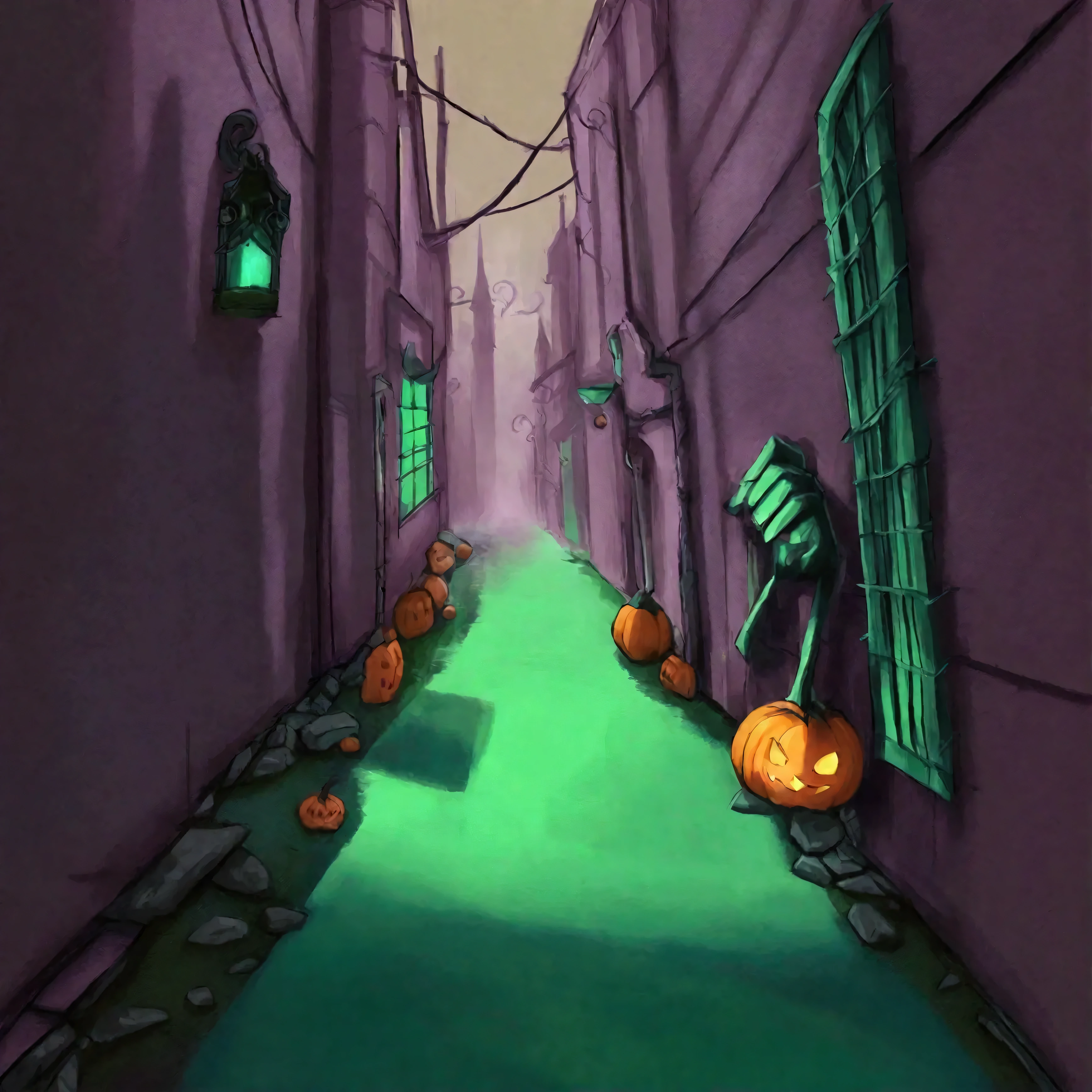in a Halloween city there is a mysterious alleyway off the main street. A long scary arm beckons to the viewer. Shadows conceal what is in the alley. A low fog boils out