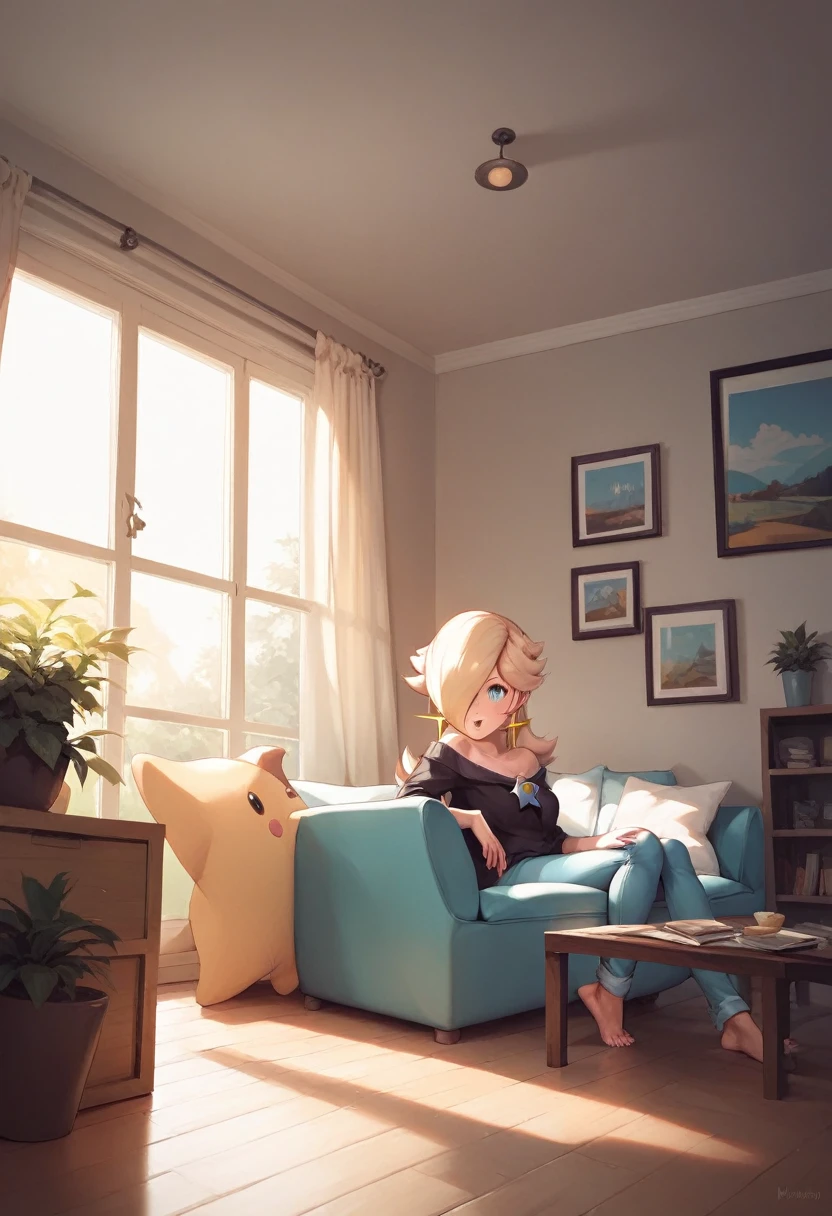 Rosalina Was Wear Black Shirt And Blue Denim Pants House in Living room 