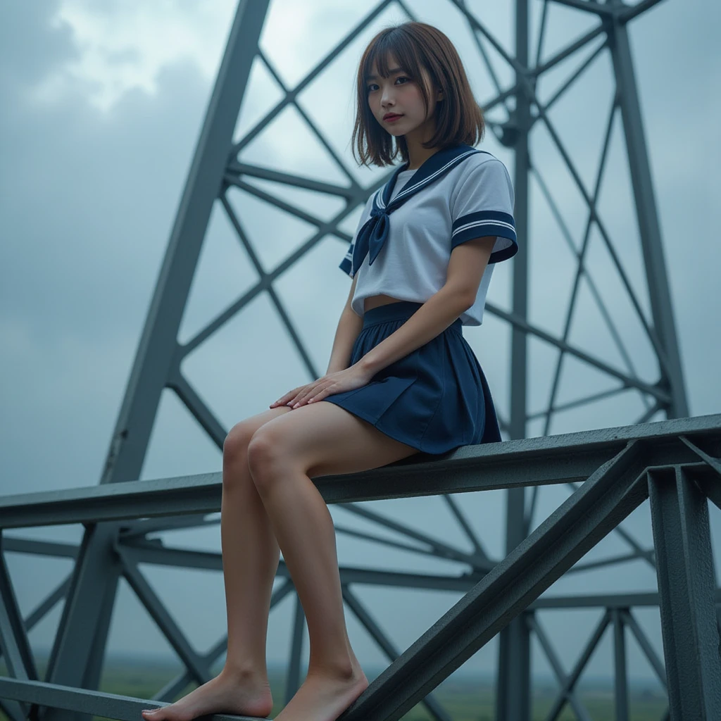 A woman sits on the tip of a steel frame of a tall radio tower, Side view, from side:1.8, (Best Quality:1.4),  32k high resolution UHD , (masterpiece:1.2),  Extremely Detailed Real Photo, (Realistic, 超Realistic:1.4),  very beautiful Japanese woman in uniform, Lovely Japanese Woman ,  famous beautiful Japanese idol , Perfect composition, Proper placement, Golden Ratio, Rainy Night,  intensive heavy rain outside , Guerrilla rainstorm,  large typhoon , Thunderstorm , Thunder in the distance ,  anatomically correct proportions :1.331,  has a small head:1.331,  Slender body:1.331,  thin waist:1.331, Thin limbs:1.331,  flat chest:1.331, Cover your chest with your hands:1.21,  Japanese high school sailor suit  :1.21, Short sleeve clothing, White short-sleeved sailor uniform :1.21, sera fuku:1.21, navy mini skirt, I can see her belly button , Brown Hair,  wavy hair in front of the station :1.21, Symmetrical eyes,  very beautiful clear eyes ,  Beautiful Hair Fluttering in the Wind , 