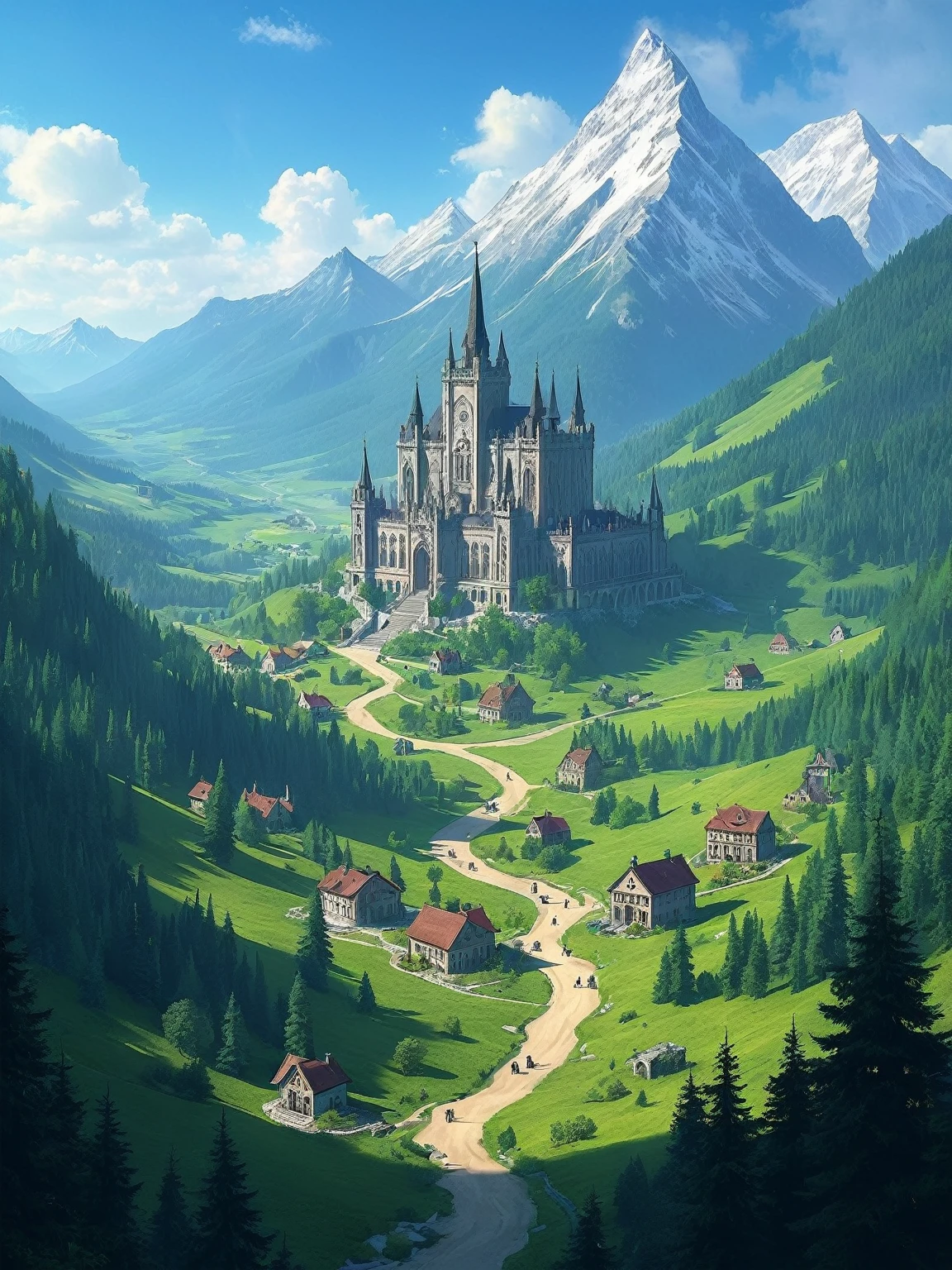 military academy is a city , in a beautiful picturesque valley, fantasy game, magic fantasy, fabulous buildings,top view, crystals, gothic